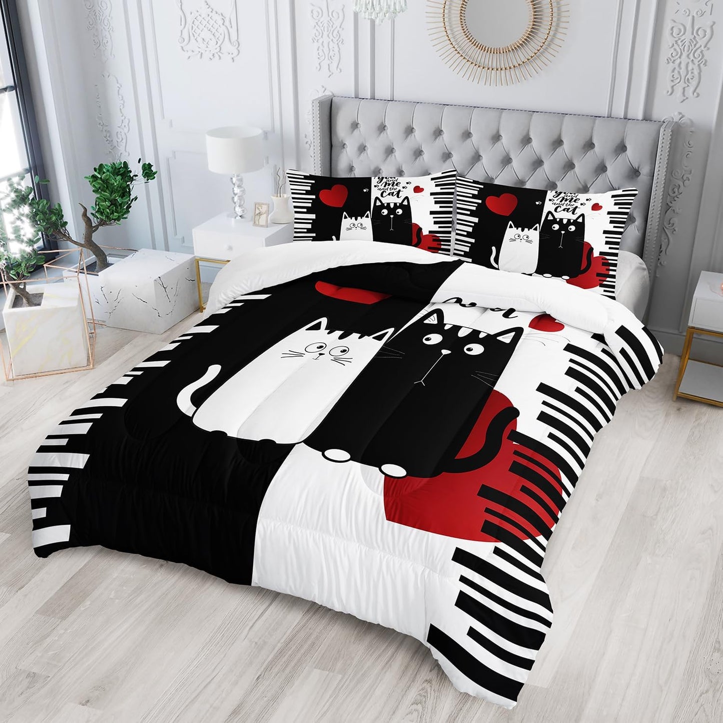 Kawaii Pet Cat Themed Comforter 3Pcs Full Lover's Kitten Animal Bedding Set for Cat Lover Kid Teen Girl Boy Black White Cat Heart Pattern Quilt Bed Decor with 1 Comforter and 2 Pillowcases