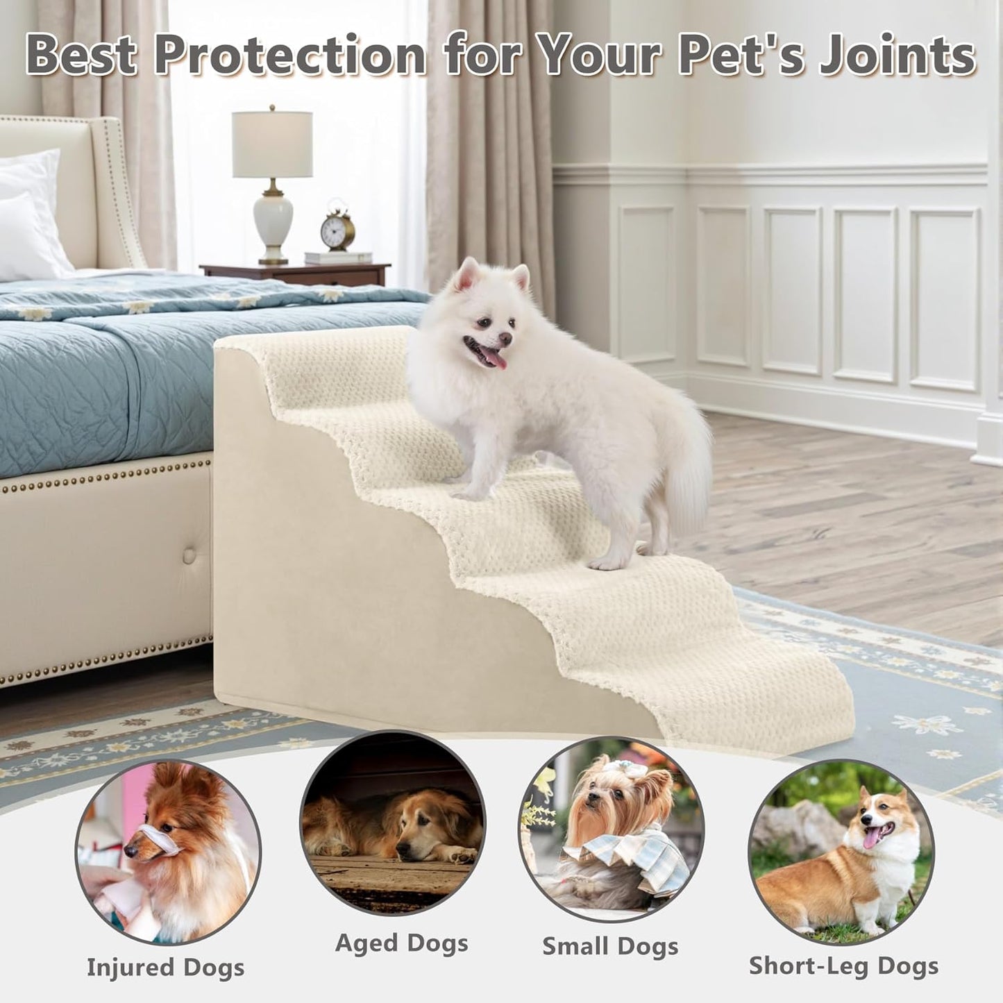 MIHIKK Dog Stairs Ramp, Curved 5-Step Dog Steps for Small Dogs and Cats, Pet Stairs for High Beds and Couch with Anti-Slip Washable Cover and Durable High Density Foam, Beige