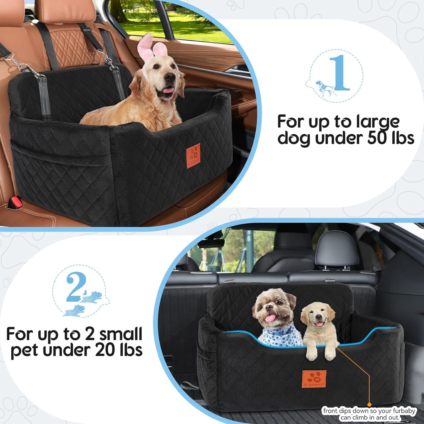 Dog Car Seat for Medium/Large Dogs,Dog Booster Seat for Dog Under 50lbs or 2 Small Dogs, Detachable and Washable Pet Car Seat,Multi-Functional Travel Dog Bed & Dog Sofa(Black)