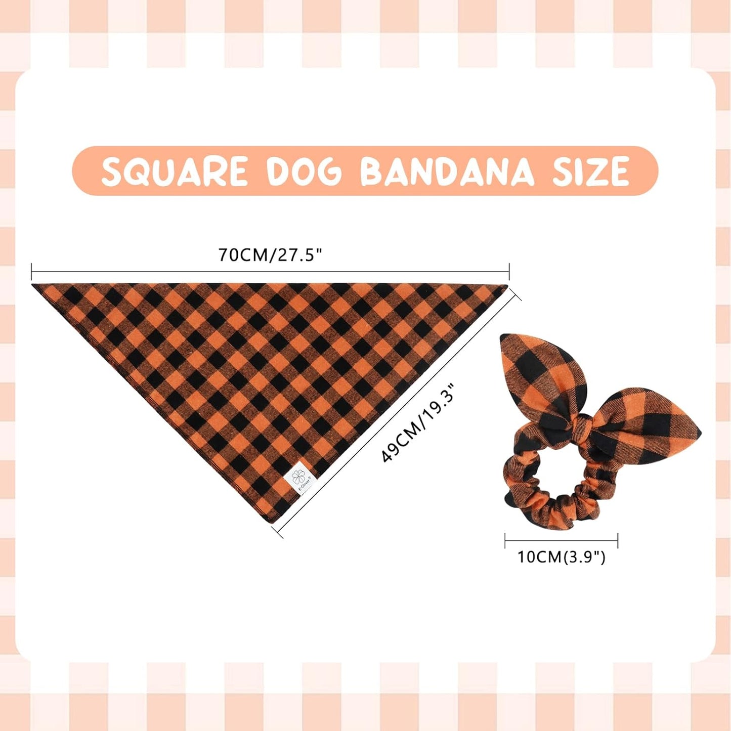 E-Clover Fall Dog Bandana & Matching Scrunchie-Orange Black Dog Bandanas Plaid Pet Scarf Bib for Medium Large Dogs Girl Boy Owner Gift Orange Black