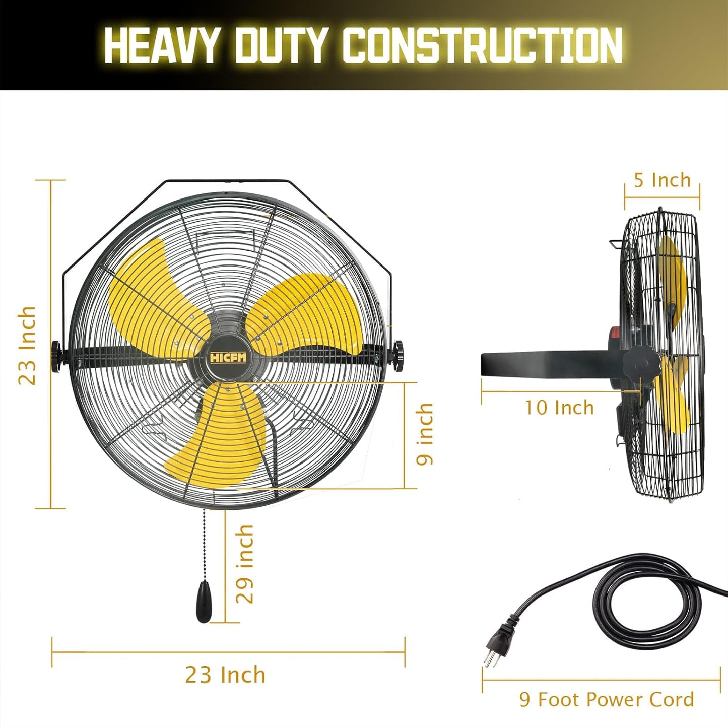 HiCFM 4600 CFM 18 inch High Velocity Wall Mounted Fan, TEAO Enclosure Motor, Safety Yellow Blade, 9 FT Cord, 180 Degree Tilting, 3 Speed Industrial Shop Fan for Patio, Garage Use - UL Listed, 2 Pack