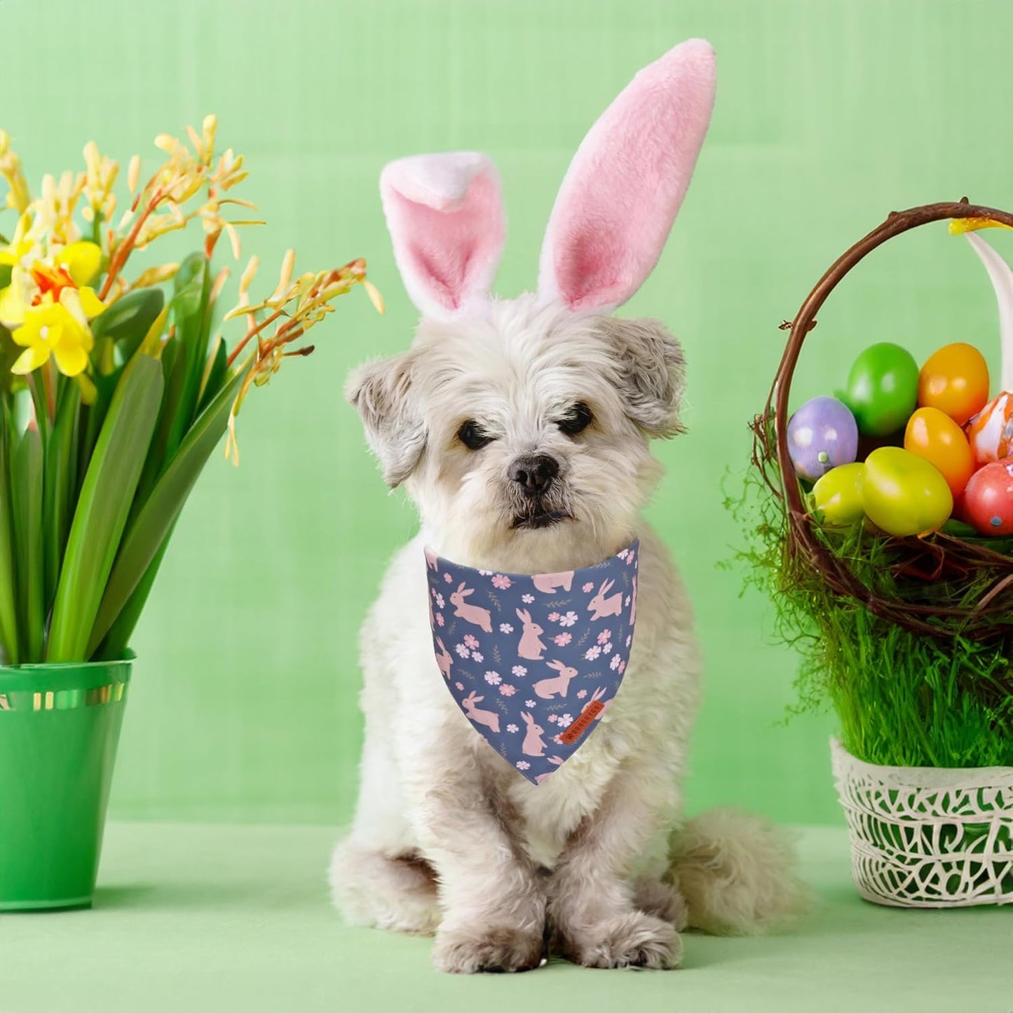 ADOGGYGO Easter Dog Bandanas, Reversible Bunny Floral Pet Scarf, Multi Size Offered, Rabbit Easter Bandana for Small Dogs Pets (Small)