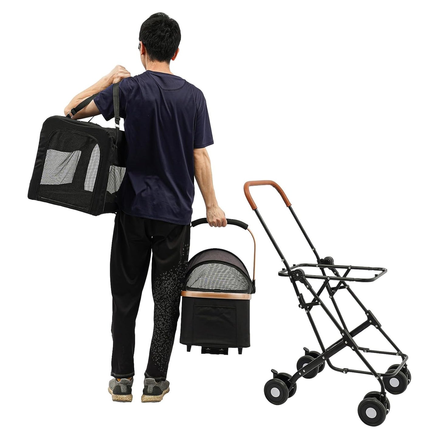 Double Pet Stroller for Dogs and Cats, Foldable Dog Stroller Travel Carriage with Detachable Carriers, Safety Belts, and 4 Lockable Wheels for Small to Medium Pets (Black)