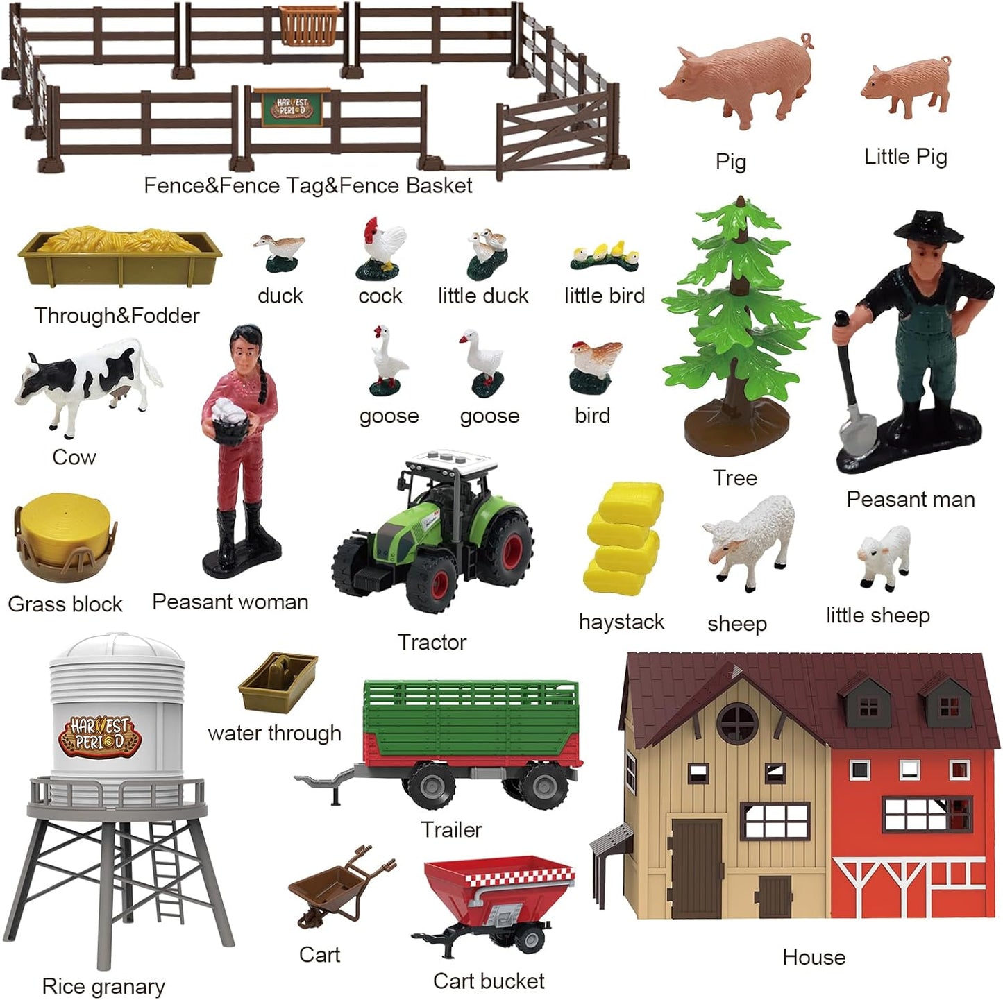 109PCS Farm Animals Toys Set Comes with Barn, Rice Storehouse, Rice Trolley, Milking shed, Farmer, Fence - Playset for Kids Toddlers Boys Girls 5+ Years Old