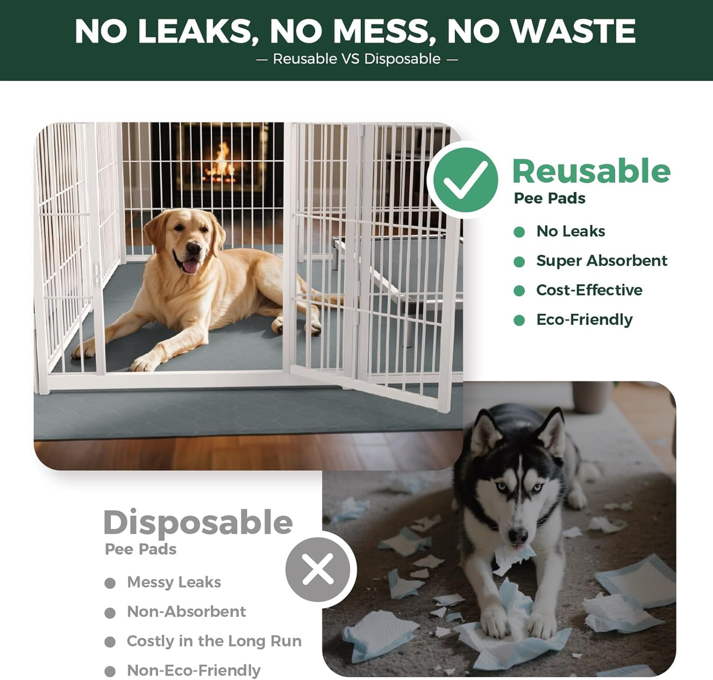 FXW Washable Pee Pads for Dogs, Puppy Pads with Super Absorbent, Specifically Designed for 24inch Cages, 23" × 17" Rectangle, Gray, 2 Packs