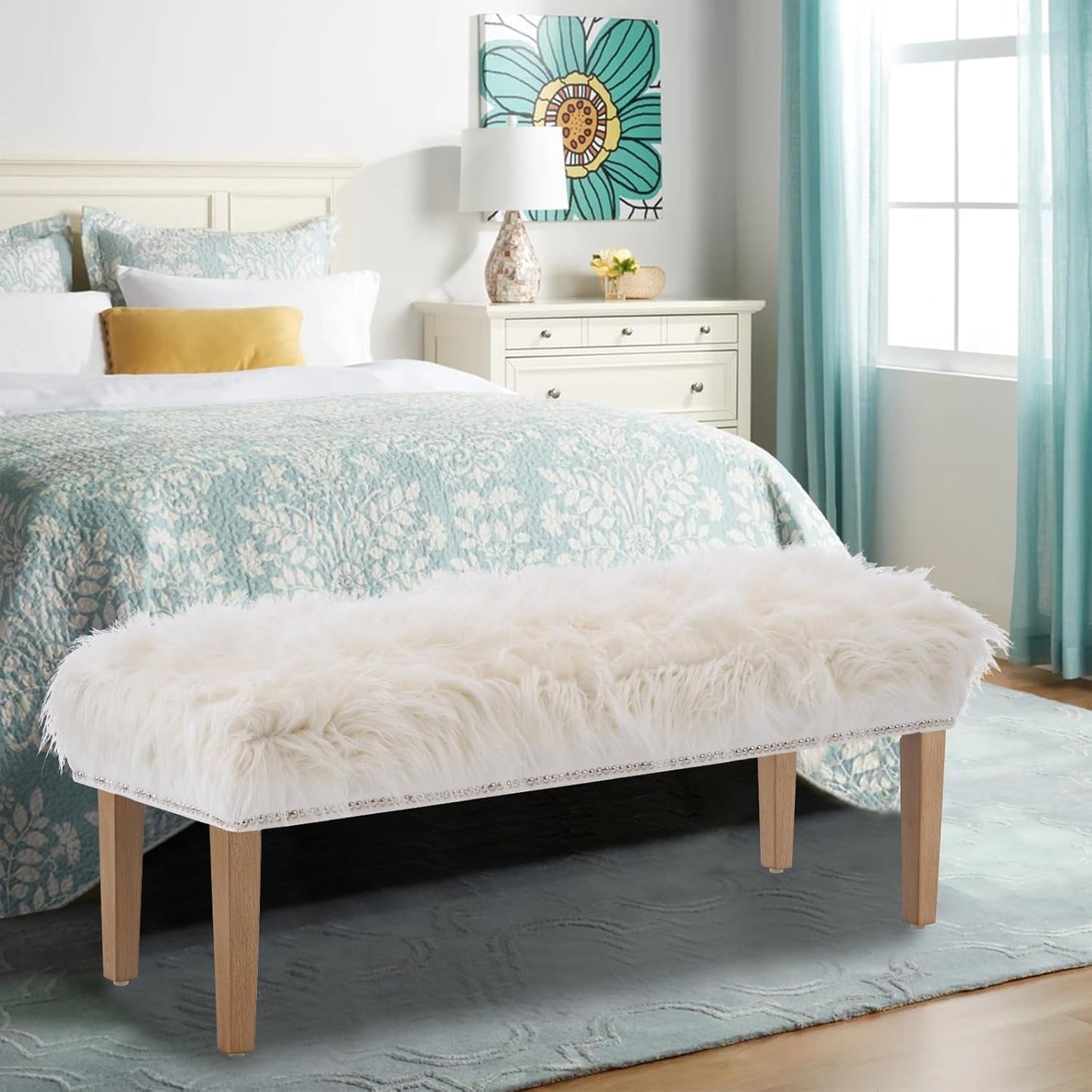 46 Inch White Bedroom Bench, Modern Multi-Purpose Bench with Wooden Legs, Faux Fur Upholstered, 3-Seater, 220 lbs Weight Capacity