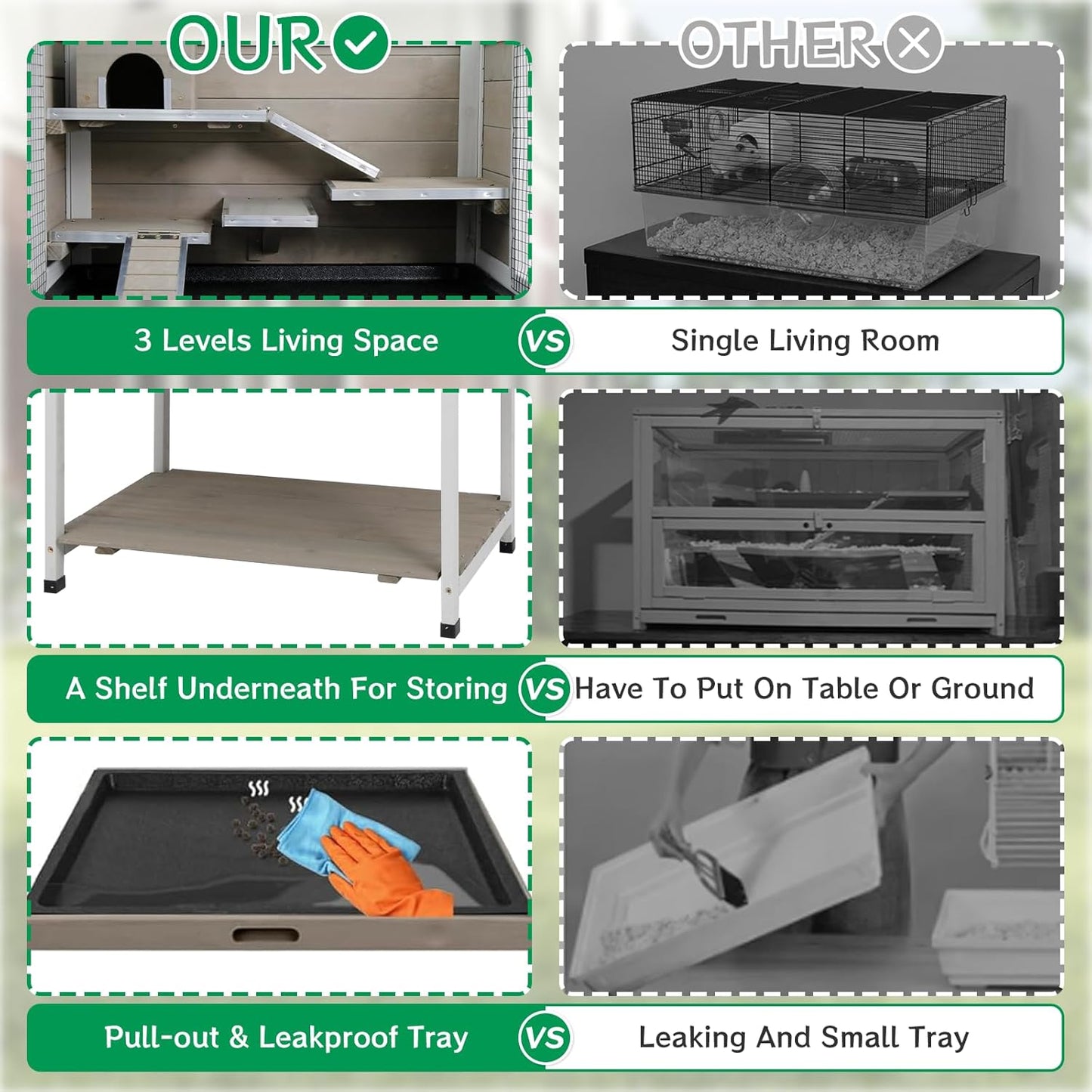 Guinea Pig Cages Wooden Hamster Cage Indoor with Stand and Storage Outdoor Small Animals Habitat with Metal Edges Ramps Hideout House,No Leak and Pull Out Tray, Easy Clean