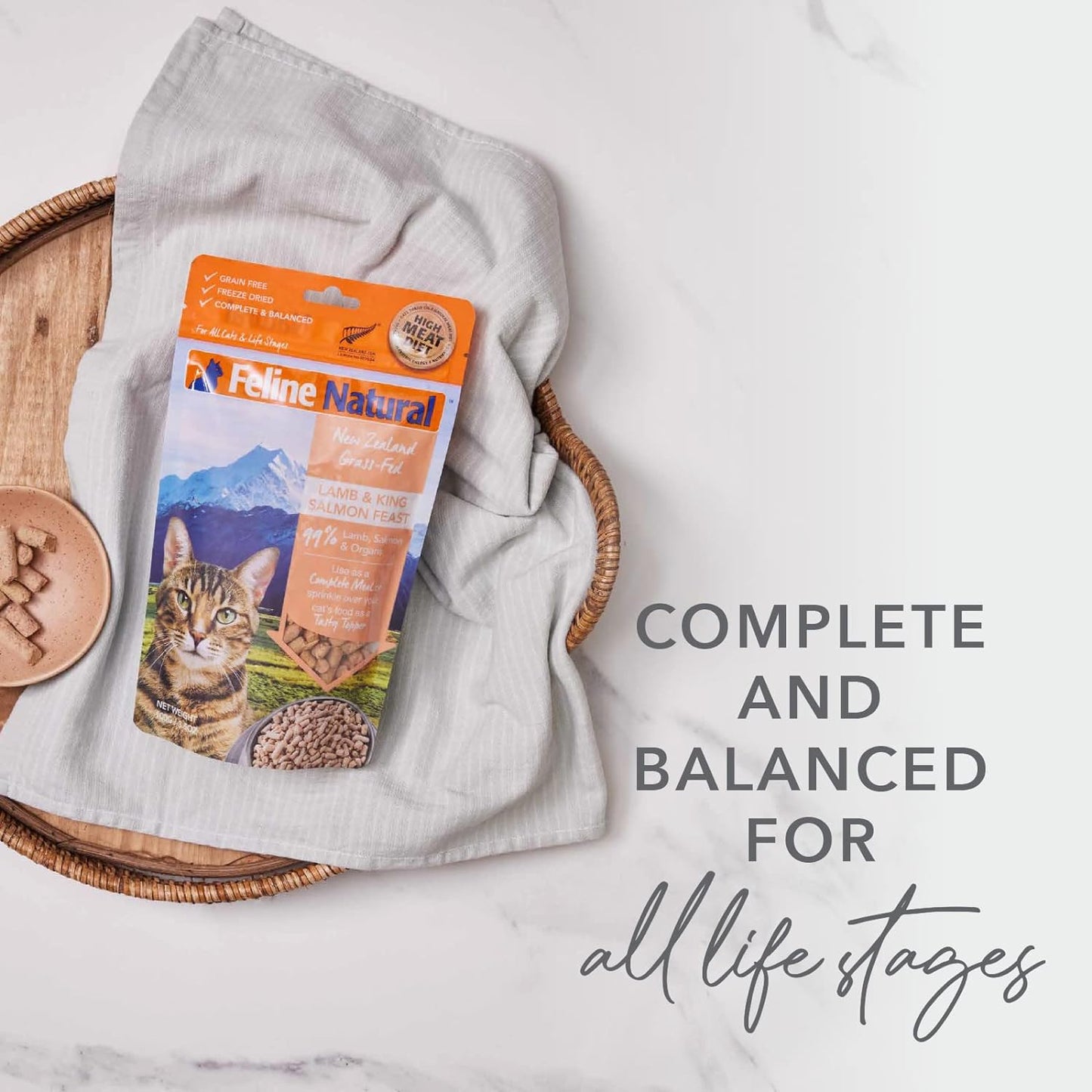 Feline Natural High Protein Dry Cat Food, Freeze-Dried Diet with 98% Meat, Organs & Seafood, No Peas, Grains, or Artificial Additives, Made in New Zealand, Lamb & King Salmon, 11oz