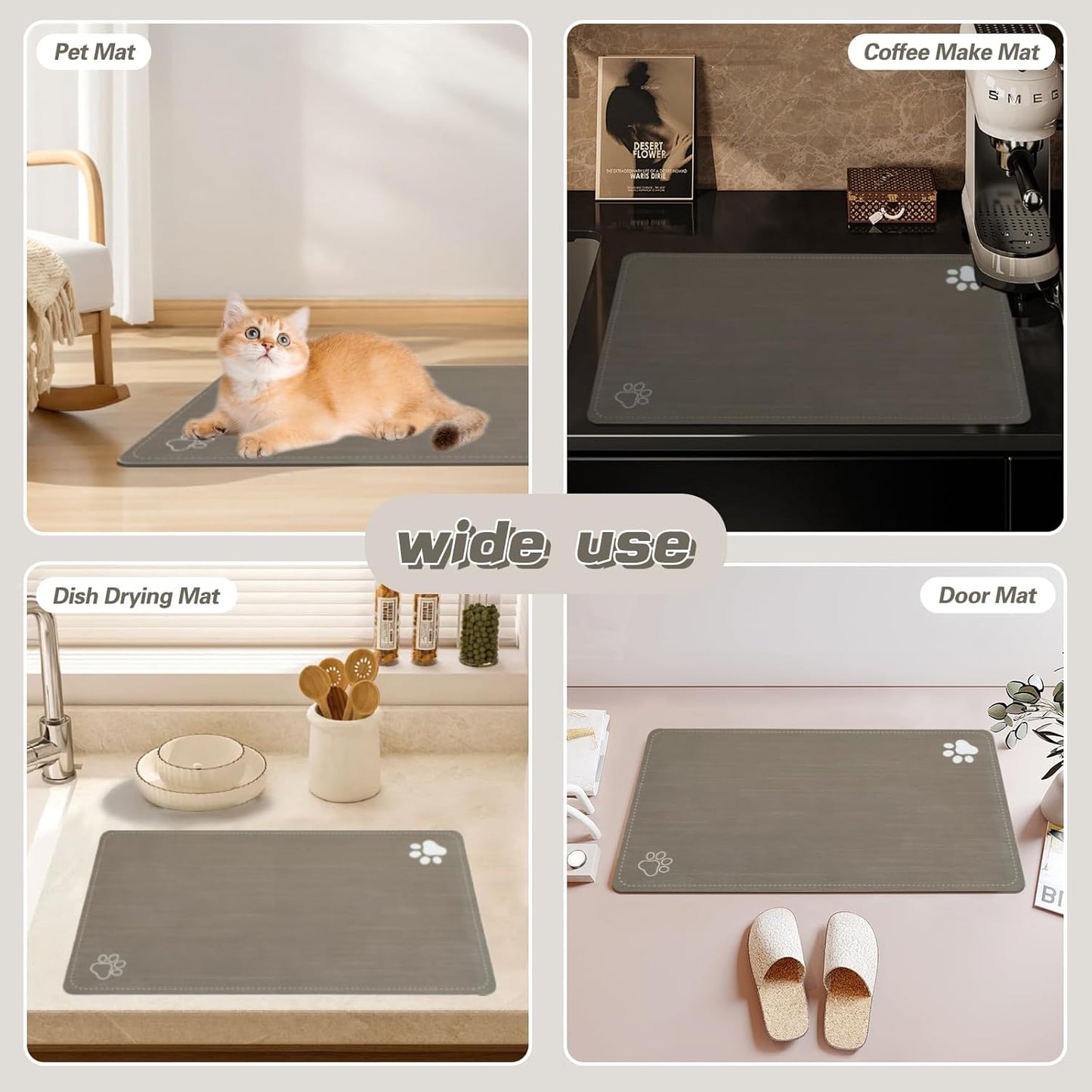 Le courant Pet Feeding Mat Absorbent Non-Slip Pet Placemat for Feeding Bowl, with Waterproof Rubber Backing, Quick Dry Water Dispenser Mat for Dog and Cat,Brown.Dog Paw-11.8x19.7 in