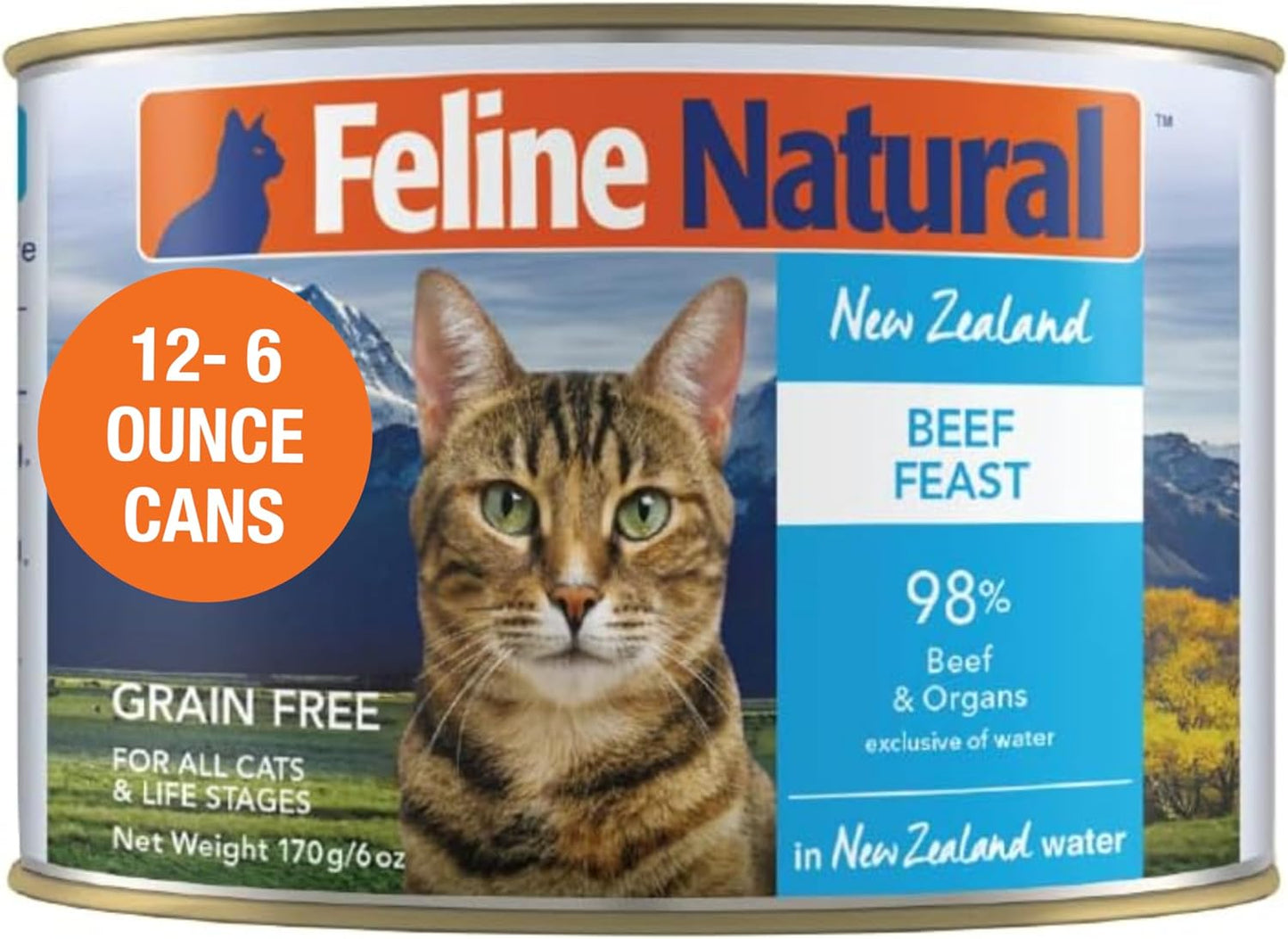 Feline Natural New Zealand Canned Catfood Wet Food, High-Meat, Low-Carb, & Grain Free Cat Food Wet, Beef Feast, 6 oz, Pack of 12