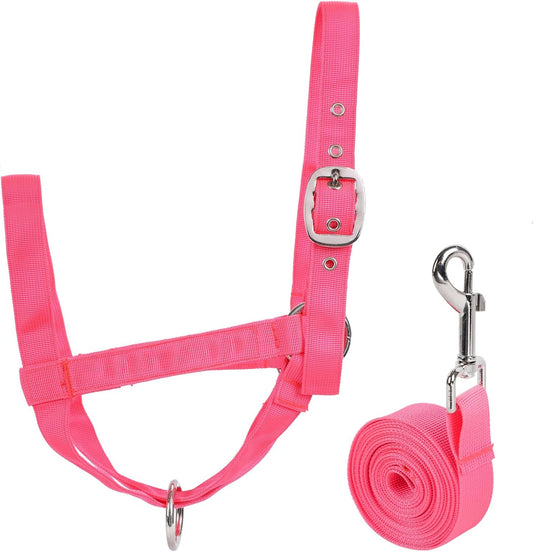 XUANNIAO Easily Adjustable Figure 8 Cow Halter, Double-Ply Premium Livestock Cattle Halters, Colorful Cow Utility Calf Halter with Leading Rope for Miniature Horse Donkey Goat Foal (Large, Pink)