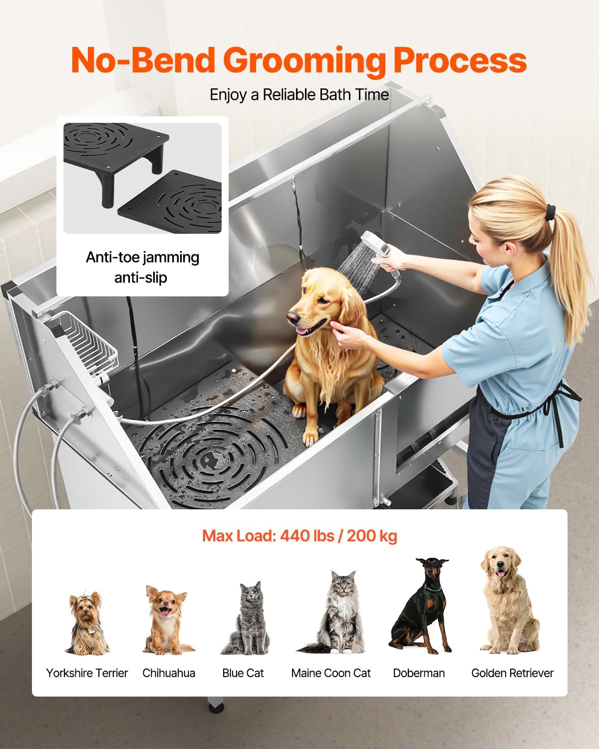 VEVOR Stainless Steel Dog Washing Station, 62 inch Pet Grooming Tub w/Stairs, PE Water Filter Board, Faucet & Showerhead & Soap Holder Dog Bathtub for Large & Medium & Small Pets (Right Door)