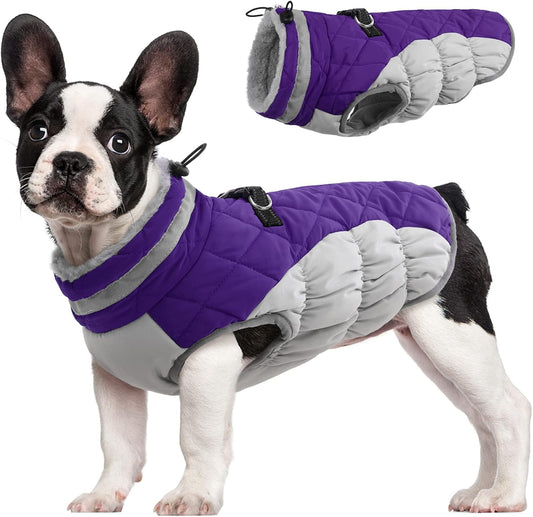 FUAMEY Dog Coat for Small Dogs,Waterproof Dog Winter Jacket with Harness Built in Puppy Cold Weather Coats Reflective Pet Vest with Zipper Warm Fleece Dogs Snowsuit Windproof Purple S