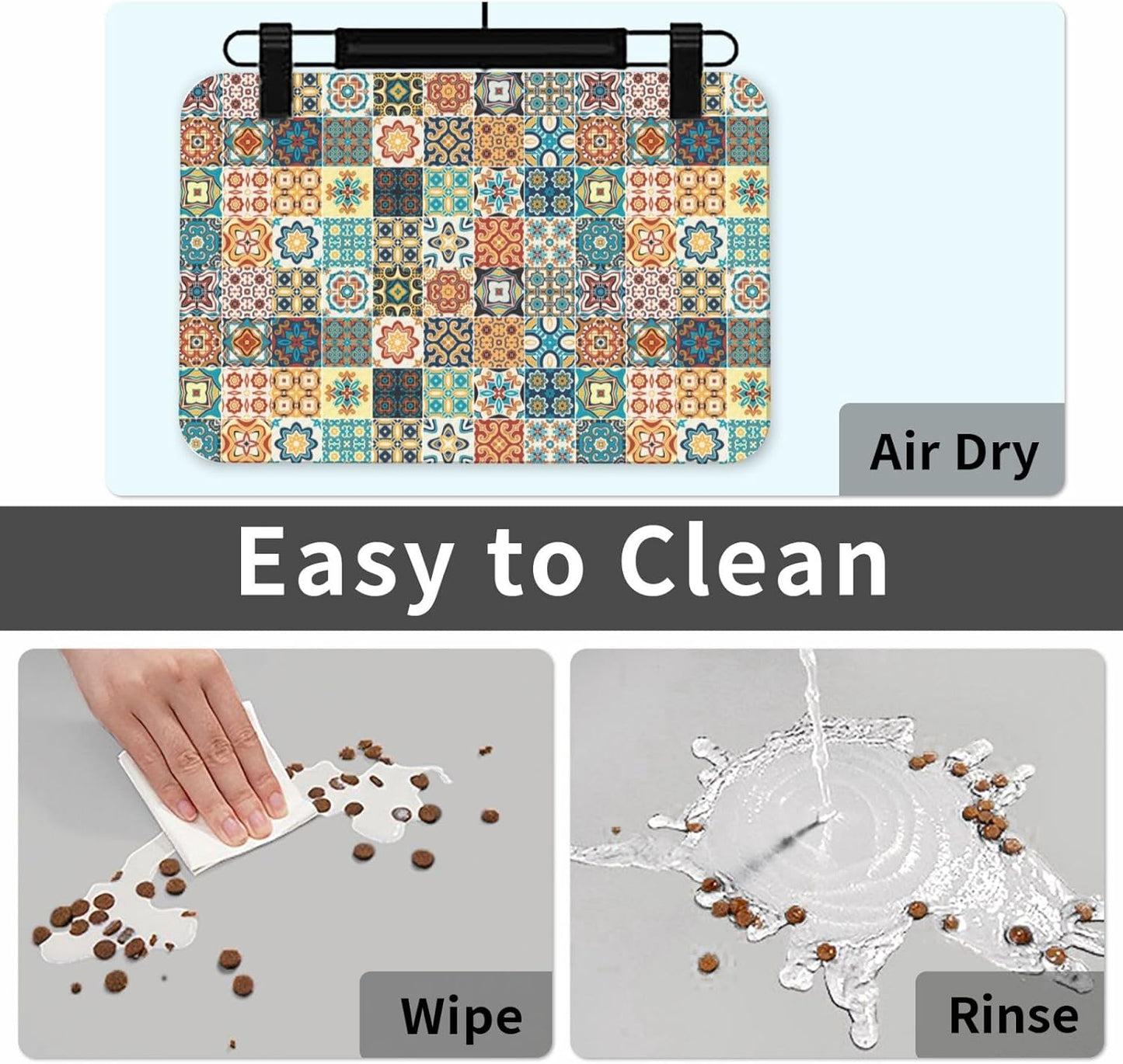 Traditional Multicolor Ornate Dog Food Mat Absorbent Bowl Mats No Stains Quick Dry Waterproof Pet Cat Placemats for Food and Water, 30x45cm