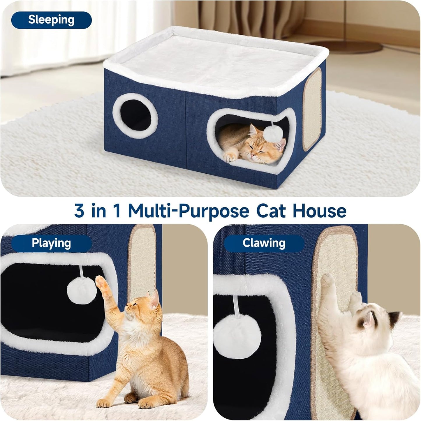 Cat Beds for Indoor Cats, Extra Wide Cat Cube House for Multi Cats, Foldable Cat Cave Hideaway with Arc-Edge Design & Oval Door, Double-Side Soft Cushion for All Seasons, 24"L x 17.7"D x 12.6"H, Blue
