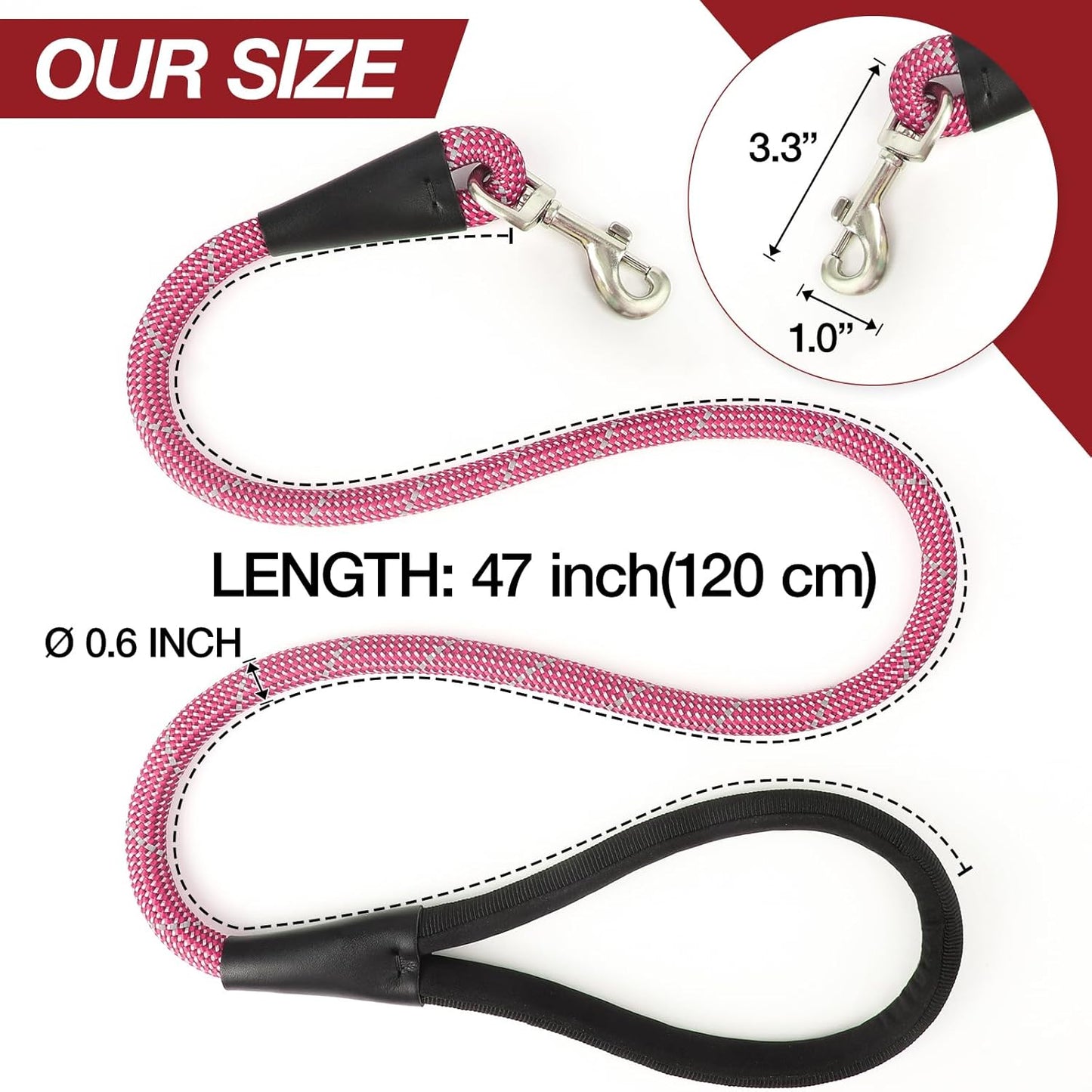 Purple 4FT Dog Leash for Large Dogs Night Walking Reflective Heavy Duty Chew-Resistant Nylon Leash with Padded Handle and 360° Swivel Clip Strong for Medium to Large Breeds