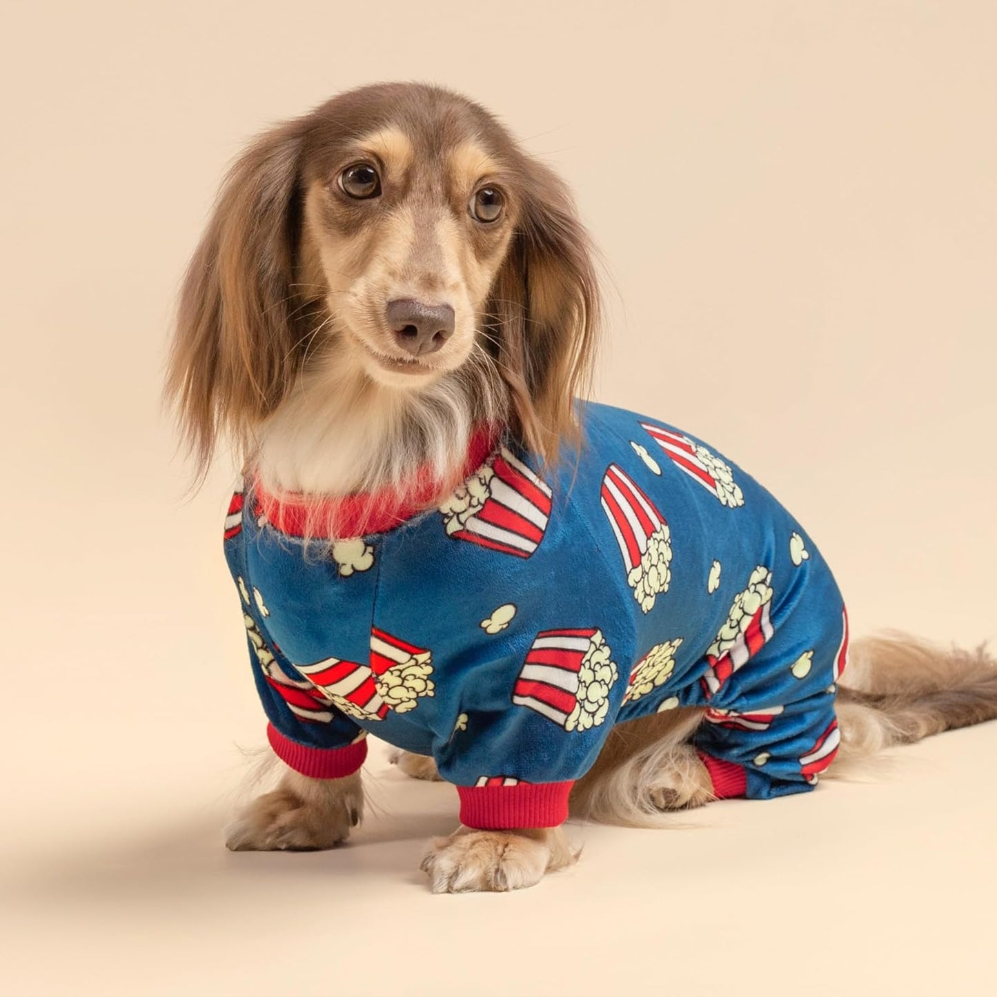 Fitwarm Popcorn Dog Pajamas, Funny Dog Clothes for Small Dogs Boy Girl, Fleece Pet Onesie with Feet, Blue, Red, White, Yellow, XXL