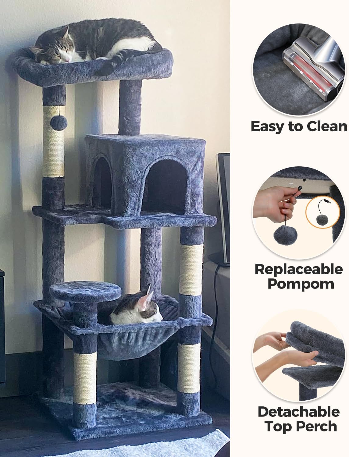 Cat Tree for Large Cats with Metal Plush Big Hammock, 56.3" Cat Tower for Indoor Cats with 2 Door Condo House, 6-Tier Cat Shelves with Scratching Posts and Large Top Perch, Dark Gray