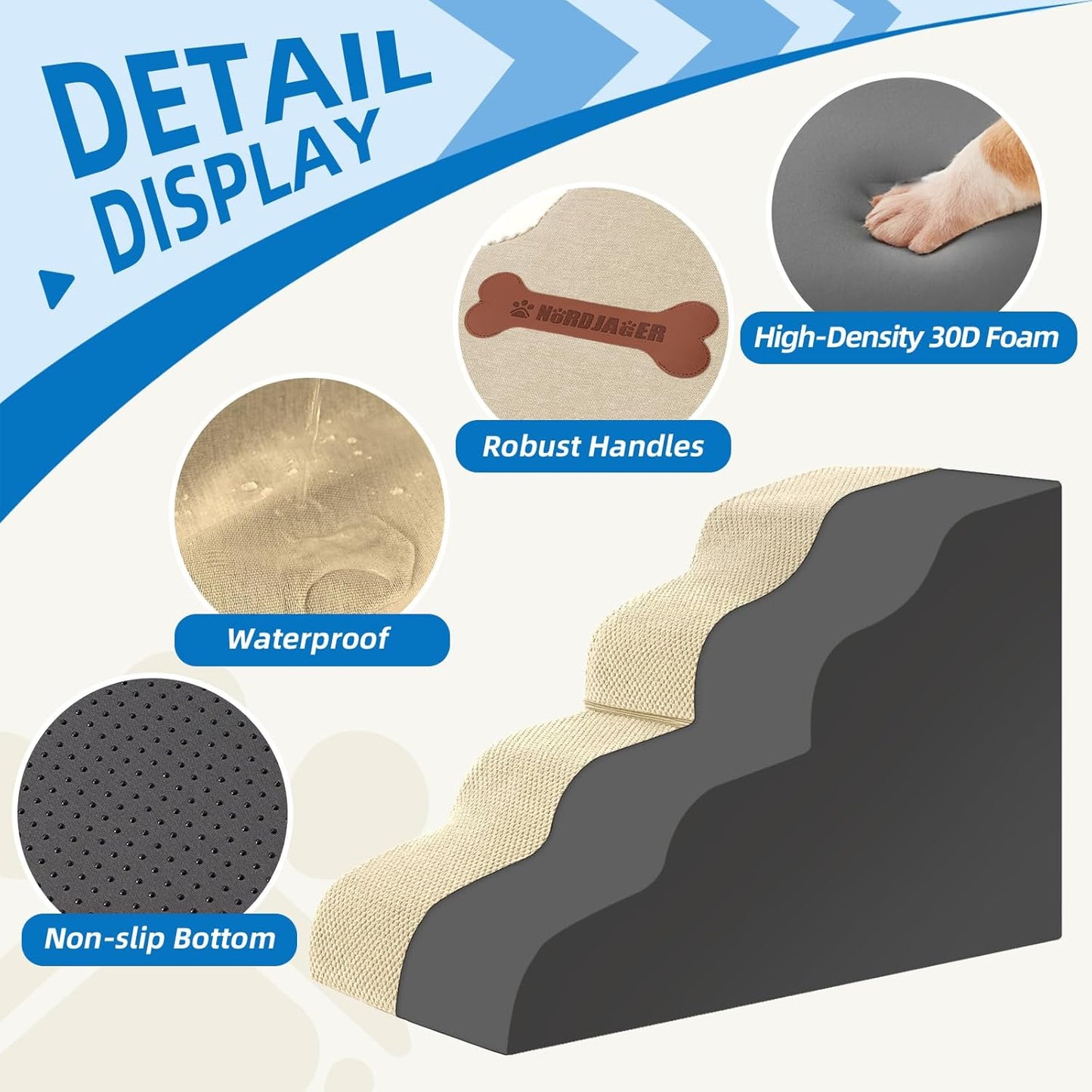 Dog Stairs 3-Step for Small Dogs and Cats to Get on Bed and Furniture/Windows, Pets Can Climb, Sit, or Perch to Look Out Windows, Extra Wide Dog Steps, Non-Slip Waterproof Fabric Cover, Beige（15.7" H）