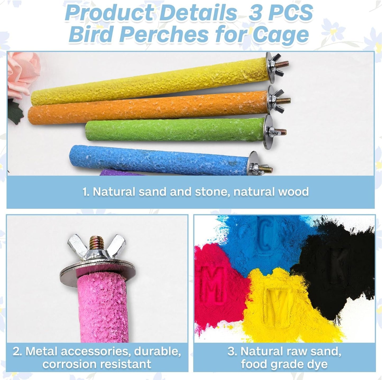 PIVBY Wood Bird Cage Perch Colorful Parrot Stand Toy Platform Paw Grinding Stick for Small Medium-Sized Bird Parakeet Cockatiel Conure Budgies Lovebird inches and Canary Colors Vary Pack of 3