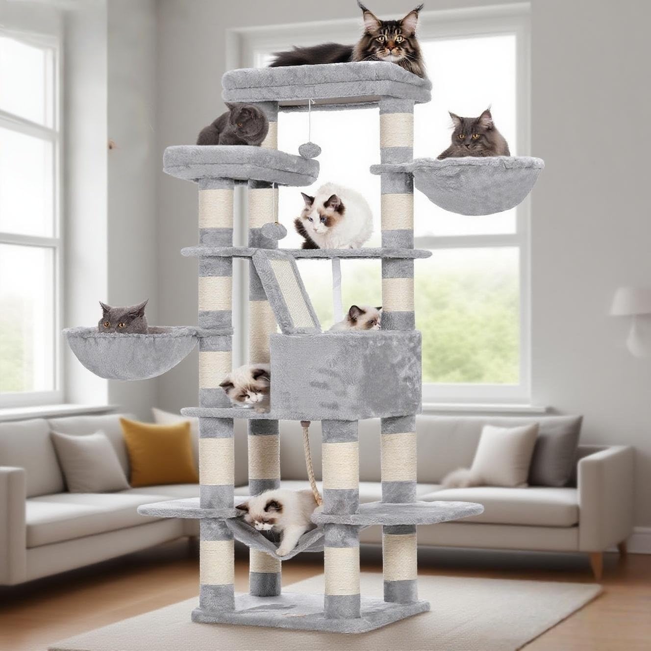 Heybly Cat Tree, 68 inch Multi-Level Cat Tower for Indoor Cats, 2 Widened Plush Perches Cat Condo with Scratching Board and Big Caves, Light Gray HCT025W