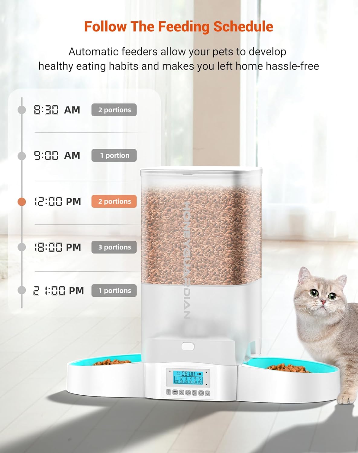 HoneyGuaridan Automatic Cat Feeder for Two Cats,5L Cat Food Dispenser with Slow Feeder Bowl,Timed Cat Feeder Programmable 1-6 Meals Control, Dual Power Supply,Desiccant Bag,10s Meal Call White