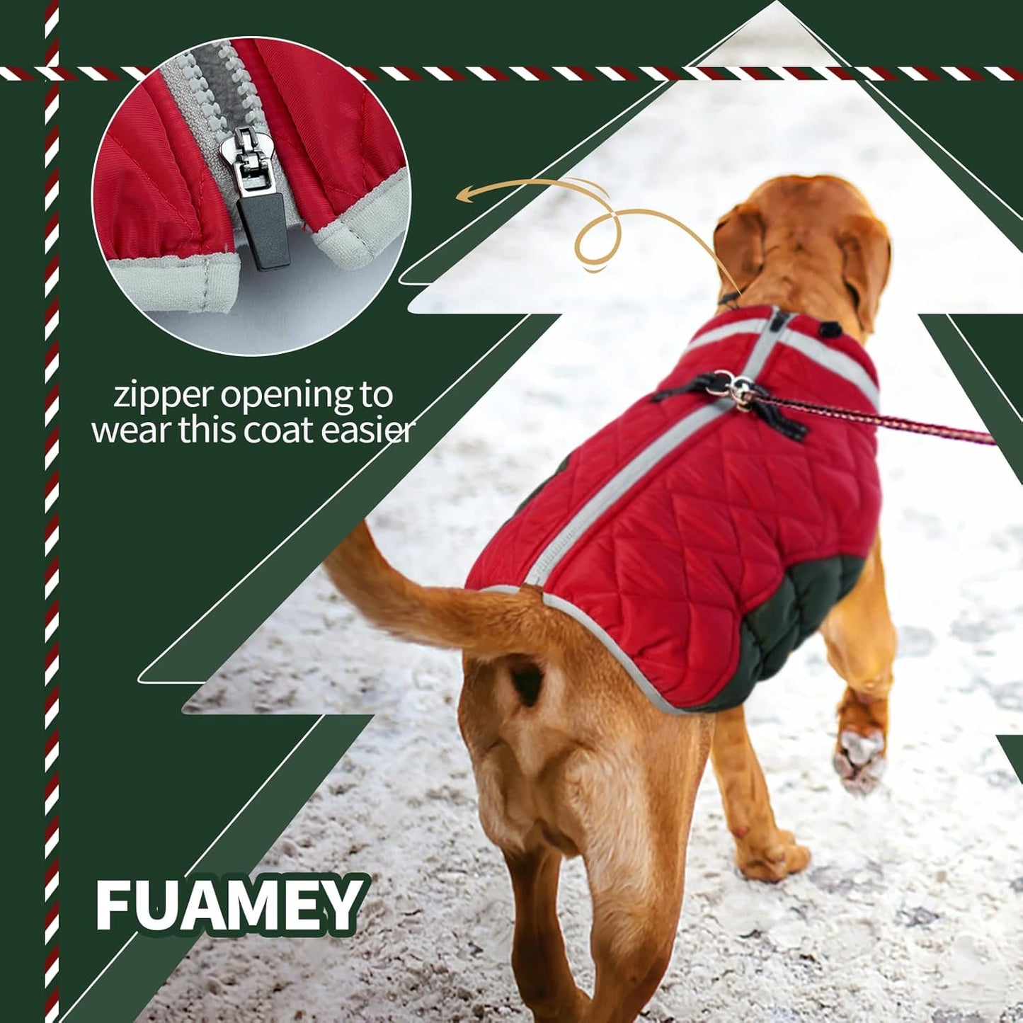 FUAMEY Dog Coat for Large Dogs,Waterproof Dog Winter Jacket with Harness Built in Puppy Cold Weather Coats Reflective Pet Vest with Zipper Warm Fleece Dogs Snowsuit Windproof Christmas XXXL