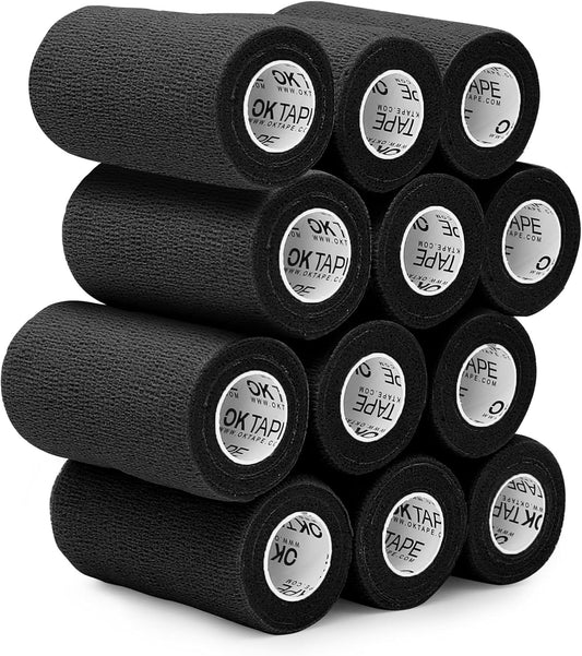 OK TAPE Self Adherent Cohesive Bandages Wrap - 12Packs, 3" x 5 Yards, Non-Woven Self Adhesive Bandage Wrap for Thumb, Finger, Wrist, Ankle, Vet Wrap Bandages Tape (Black)