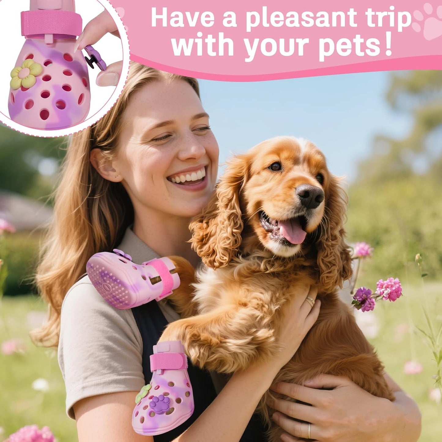 Dog Shoes for Hot Pavement, Adjustable Magic Tape Boots for Small, Medium & Large Dogs, Anti-Slip, Easy to Clean Paw Protectors for Beach, Outdoor & Hot Weather (Pink L)