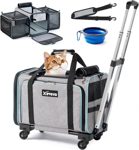 Cat Dog Carrier with Wheels, Expandable Rolling Soft-Sided Carrier for Small Cats and Dogs Under 25 LBS, Pet Carrier on Wheels with Locking Safety Zippers and Anti-Scratch Mesh (Grey)