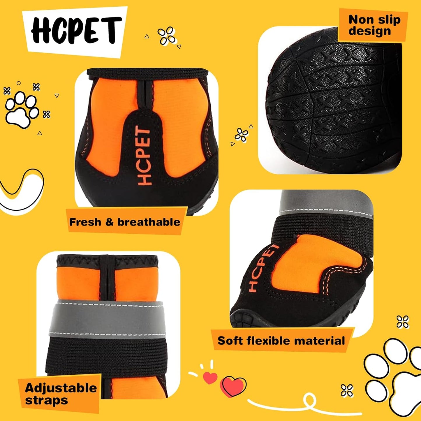 Hcpet Dog Shoes, Dog Boots for Small Dogs, Waterproof Medium Dog Booties Paw Protector for Summer Hot Pavement, Winter Snowy Day, Outdoor Walking, Indoor Hardfloors Anti Slip Sole Orange Size 4
