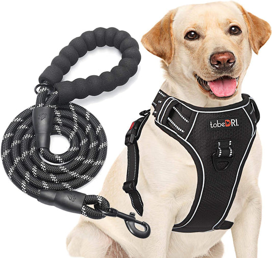 No Pull Dog Harness Adjustable Reflective Oxford Easy Control Medium Large Dog Harness with A Free Heavy Duty 5ft Dog Leash (L (Chest: 25.5"-31"), Black Harness+Leash)
