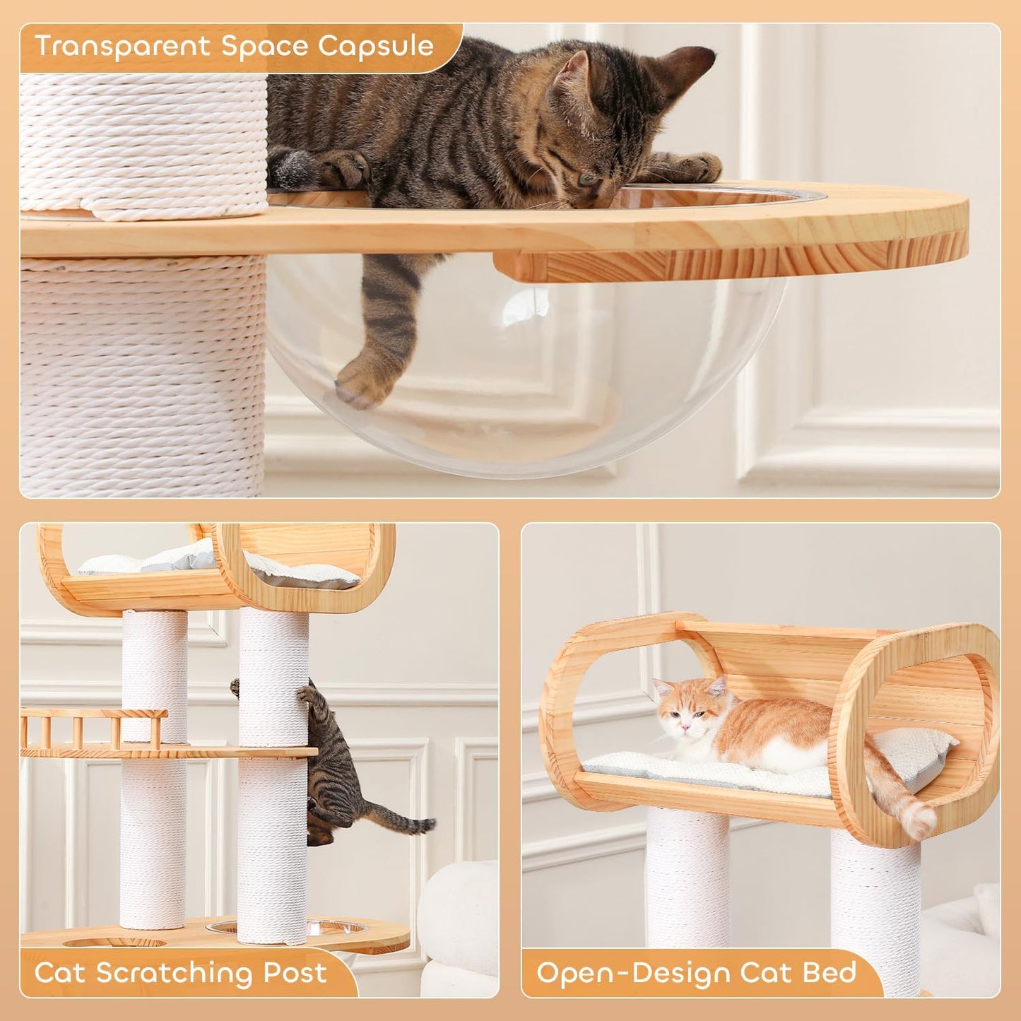 63.6'' Modern Cat Tree Indoor, Solid Wood Cat Tree with Scratching Post for Multi-Cat Families, Tall Cat Tower with Auxiliary Stairs, Huge Condo for Large Cats