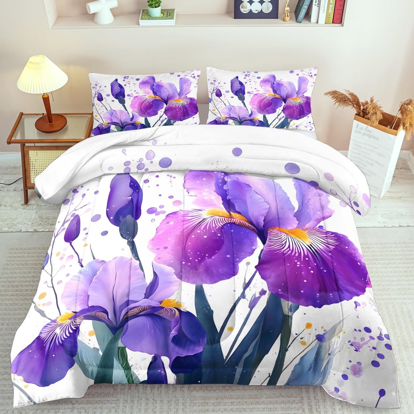 Purple Floral Comforter Set Full Size Woman,Purple Iris Comforter for Girls,Pink Flower Bedding Set Full Bedroom Decor,Floral Bedding Quilt Bed Decor Pink for Kids and Adults