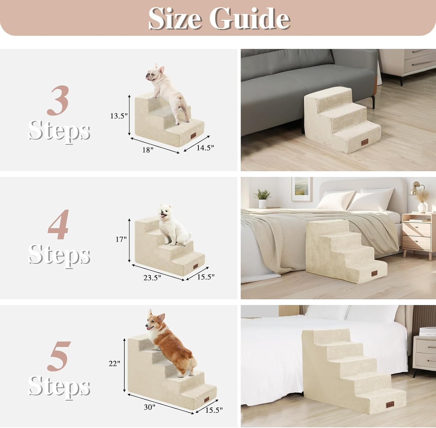 GGIB Dog Stairs for Small Dogs Pet Stairs for Sofa Couch Dog Ramp Pet Steps with Removable Washable Cover, Beige, 13" H, 3-Step