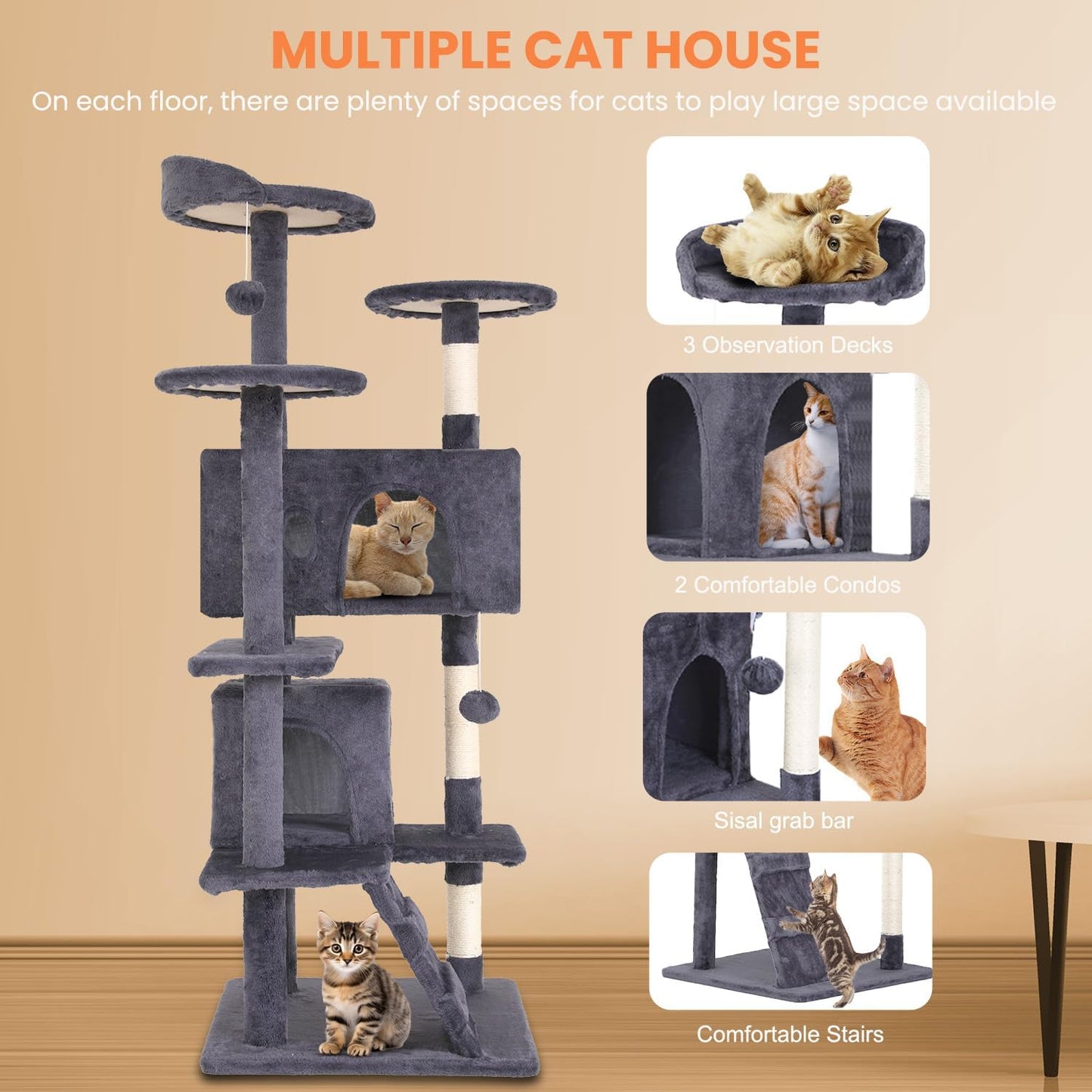 54.7 inches Cat Tower for Indoor Cats Multi-Level Cat Condos for Cat Tree Cat Climbing Tower with Scratching Posts, Hanging Toys,Ashy