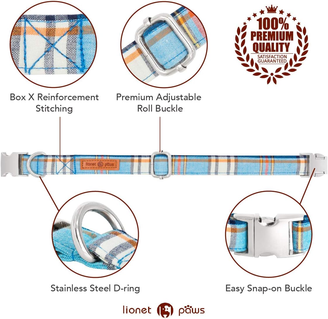 Lionet Paws Boy Dog Collar with Bowtie, Comfortable Adjustable Cute Blue Plaid Bow Tie Collar for Male Puppies and Cats Gift, XXS, Neck 7-11 inches