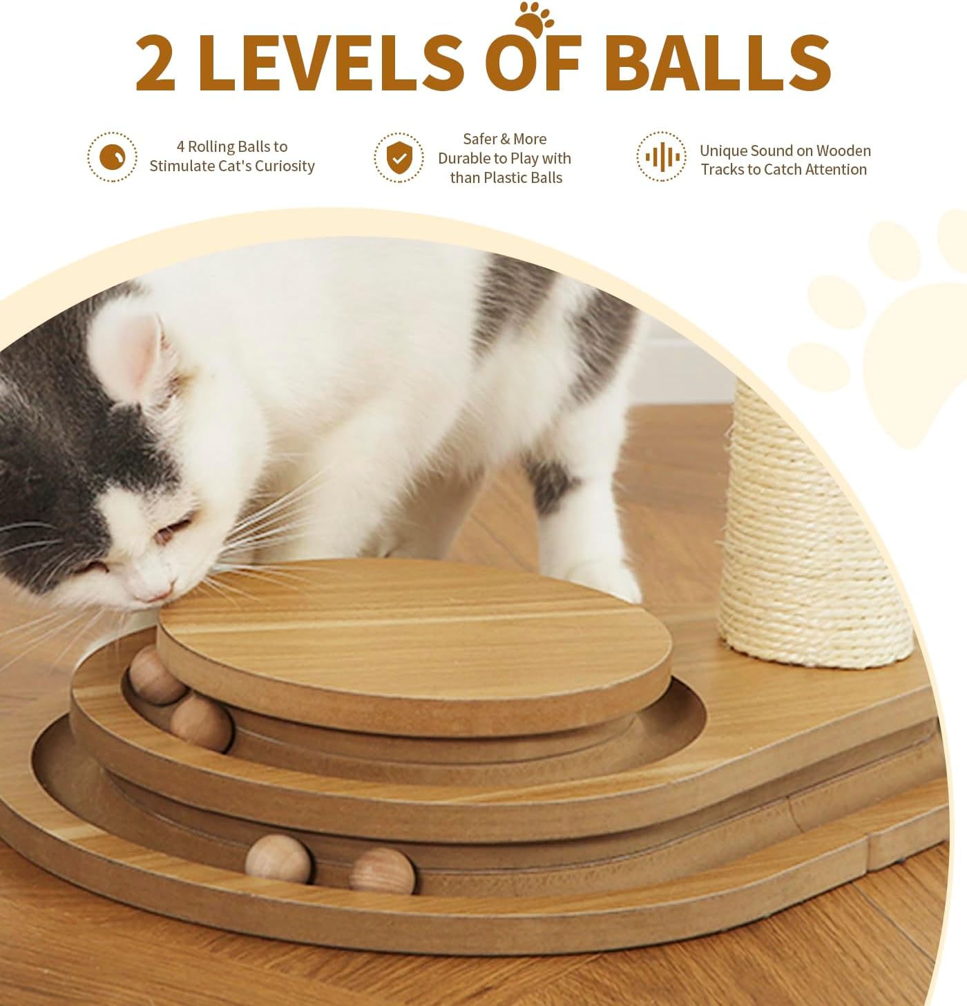 Made4Pets Cat Scratching Post Cat Scratcher Kitten Toys for Indoor Cats Wooden Ball Track Two-Layer Modern Sisal 32" Tall Scratch Post Interactive Toy with Dangling Ball Large Size