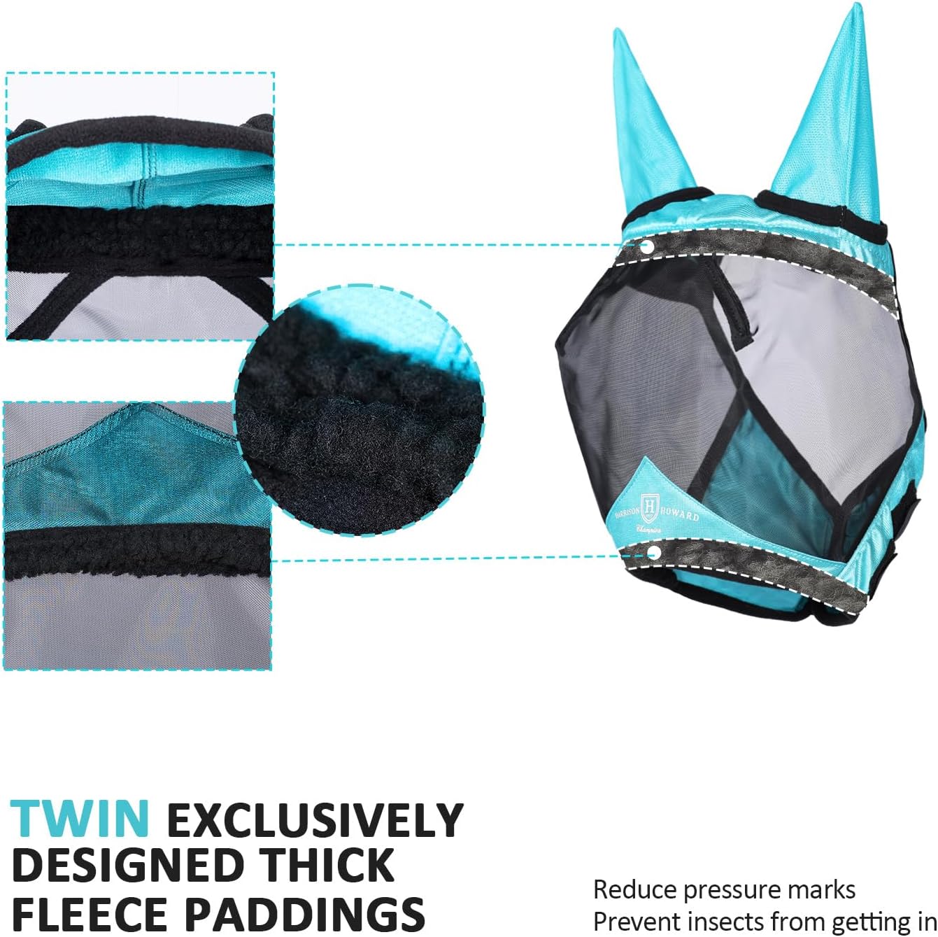 Harrison Howard Pro Luminous Horse Half Face Fly Mask Large Eye Space with Ears UV Protection for Horse Teal L