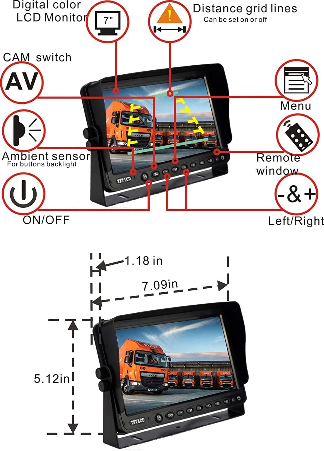 AHD 1080P 7" Reverse Rear View Backup Camera System, Camera with Night Vision Waterproof IP69K Vibration-Proof 10G for Tractor/Truck/Bus/Motorhome/Excavator/Caravan/Skid Steer/Harvester
