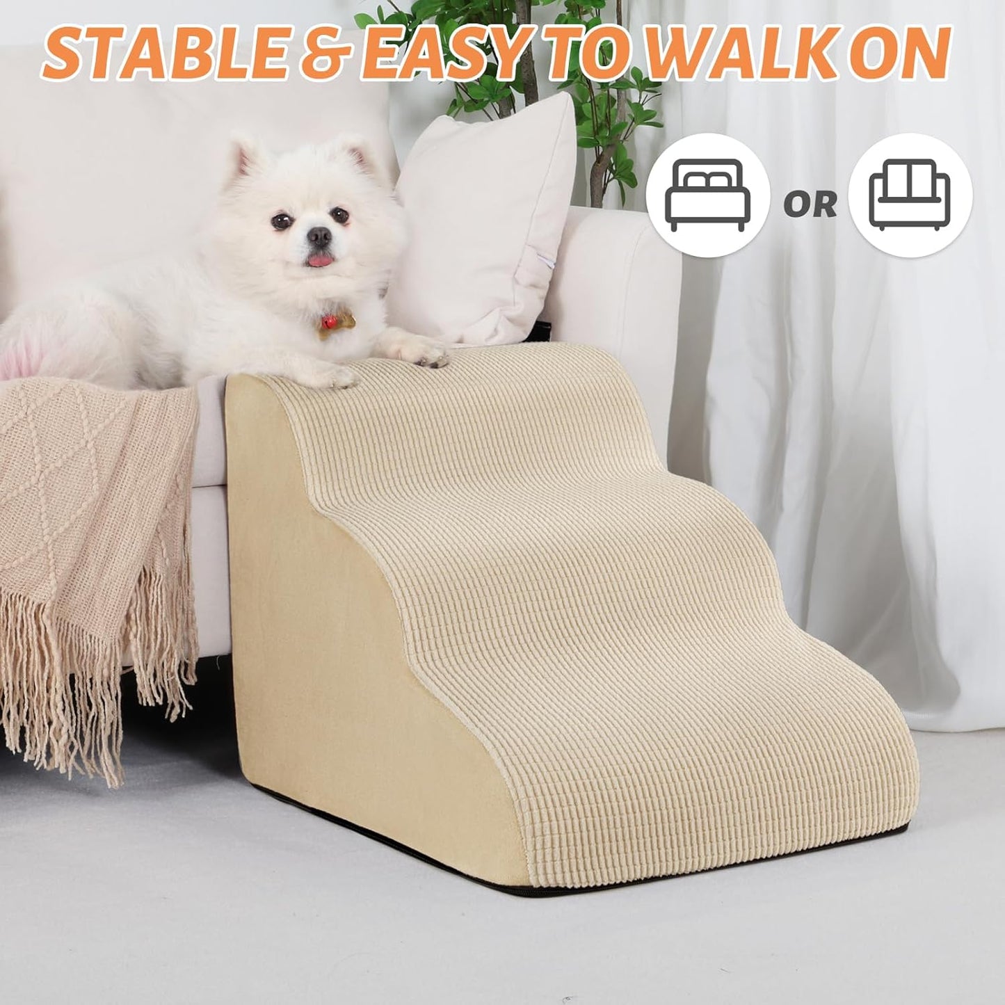 3-Step Dog Ramp and Stairs for Sofa and Chair - Non-Slip Sturdy Pet Steps for Small Dogs and Cats,15.7" H,Beige