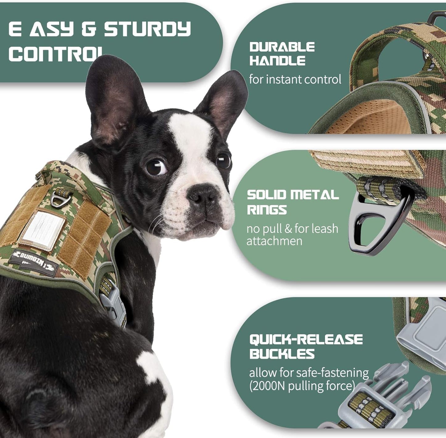 BUMBIN Tactical Dog Harness for Small Dogs No Pull, Famous TIK Tok No Pull Puppy Harness, Fit Smart Reflective Pet Walking Harness for Training, Adjustable Dog Vest Harness with Handle Forest Camo XS