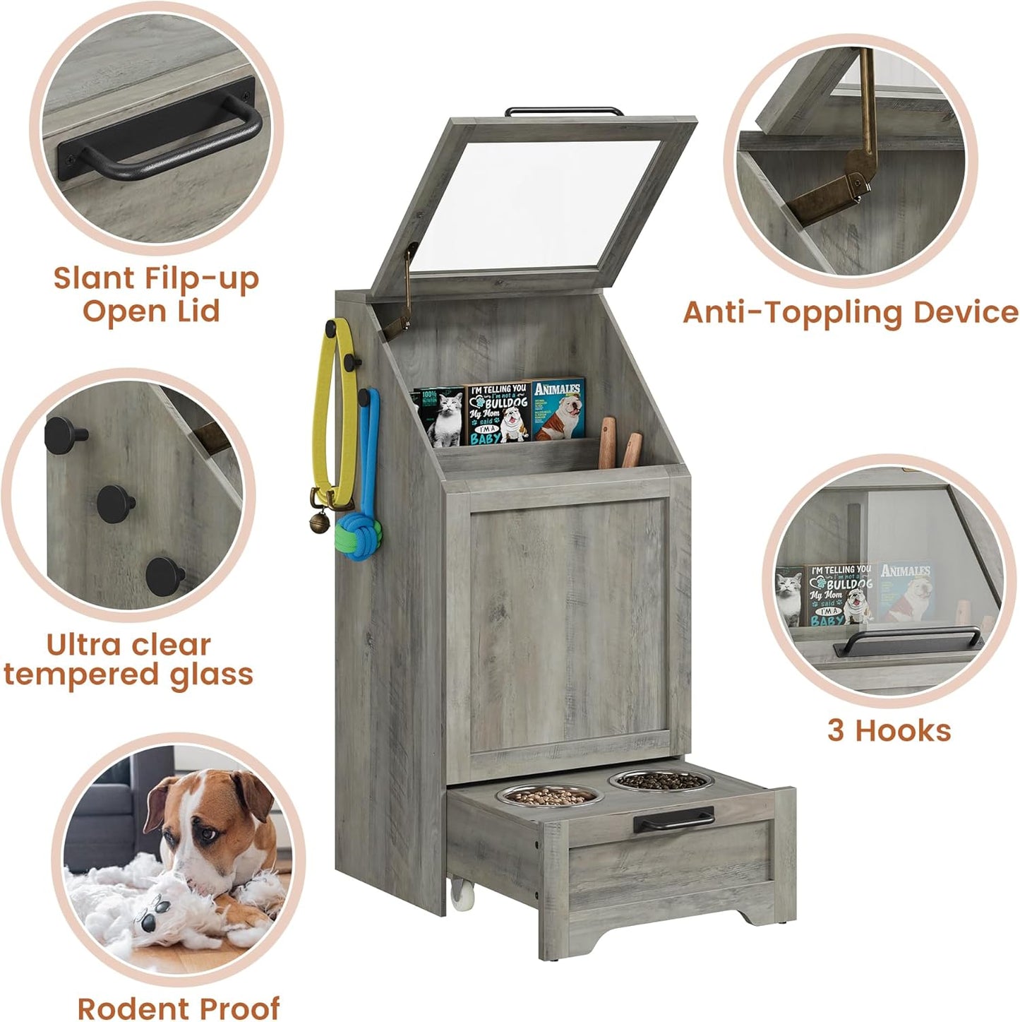 Dog Feeding Station with Storage - Large Capacity Dog Food Storage Cabinet with 2 Removable Stainless Steel Bowls, Flip Top Pet Food Container Toy Storage Organizer - Grey