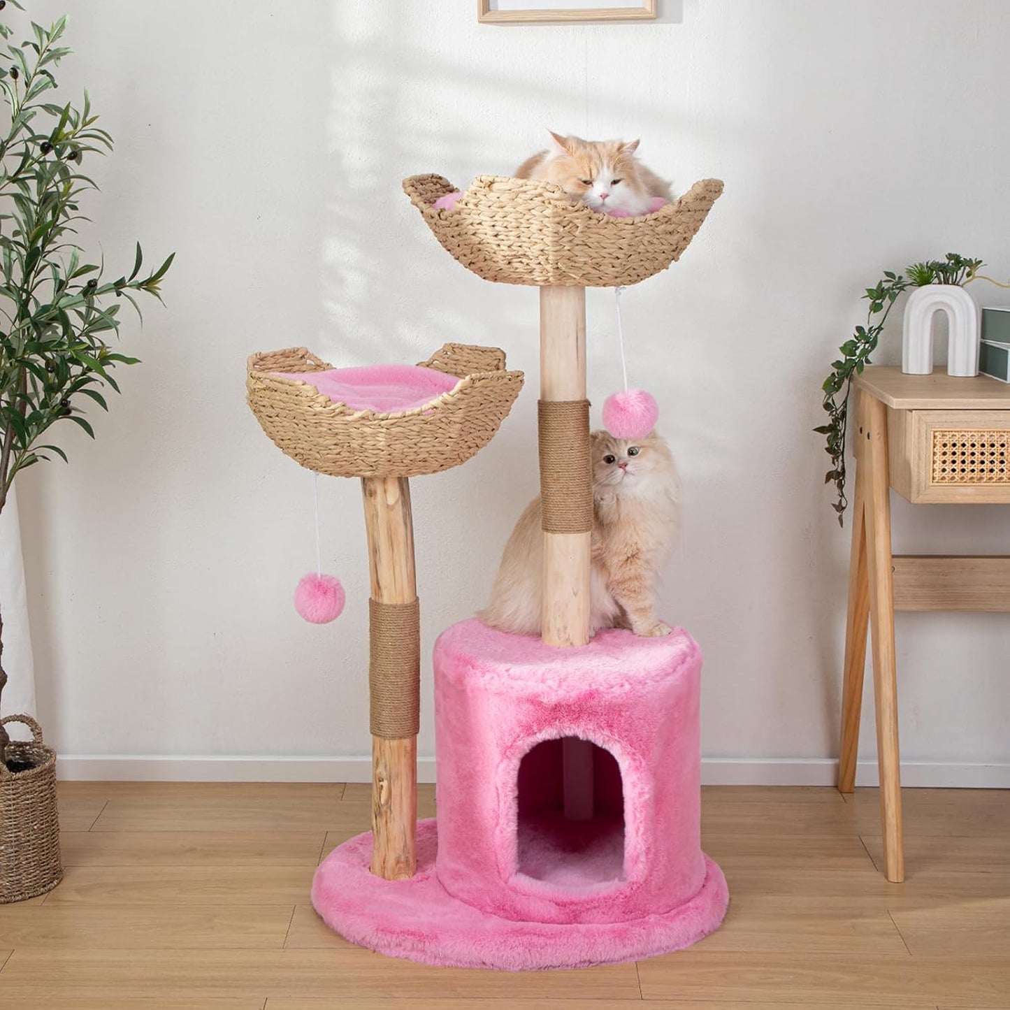 Modern Cat Tree for Indoor Cats, Large Adult 46" Tall, Wooden Cat Tower with Scratching Post, Luxury Cat Condo, Pink