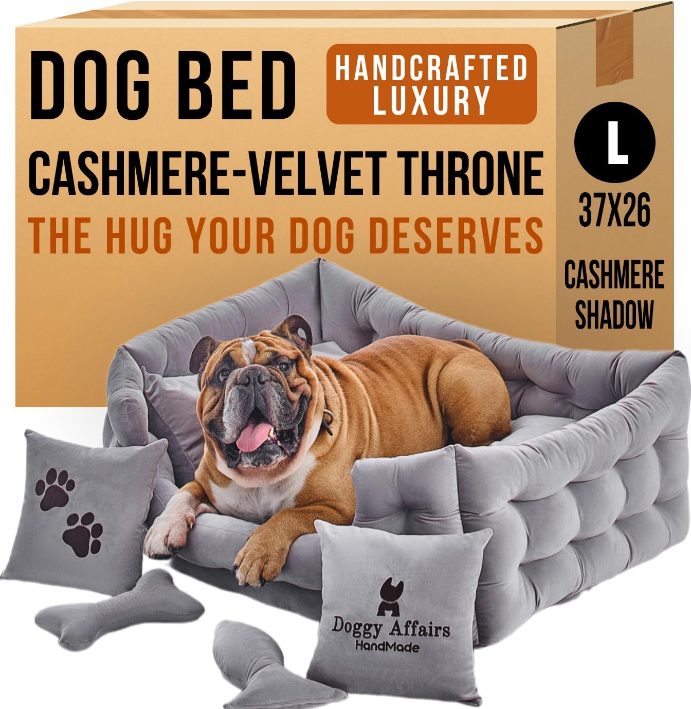 Luxury Dog Bed Chesterfield – Handcrafted Velvet Throne for Dogs | Joint Support, Calming & Temp-Regulating Comfort | Durable 5+ Years, Anti-Claw, Washable 100+ Times – L, Gray