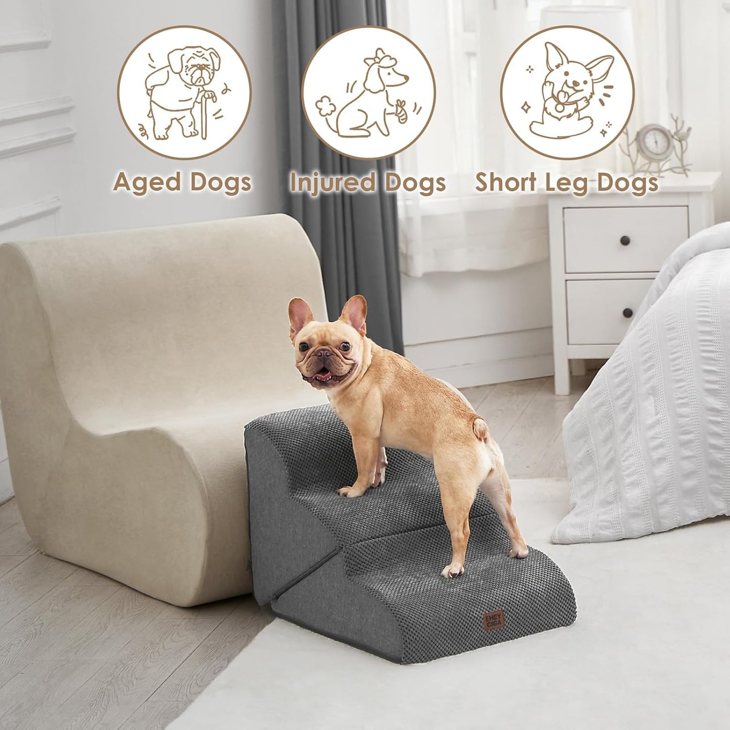 EHEYCIGA Curved Foldable Dog Stairs Ramp for Small Dogs 16" H, 3-Step Dog Steps for Couch Sofa and Chair, Pet Stairs for Cats, Non-Slip Balanced Pet Steps Indoor, Grey