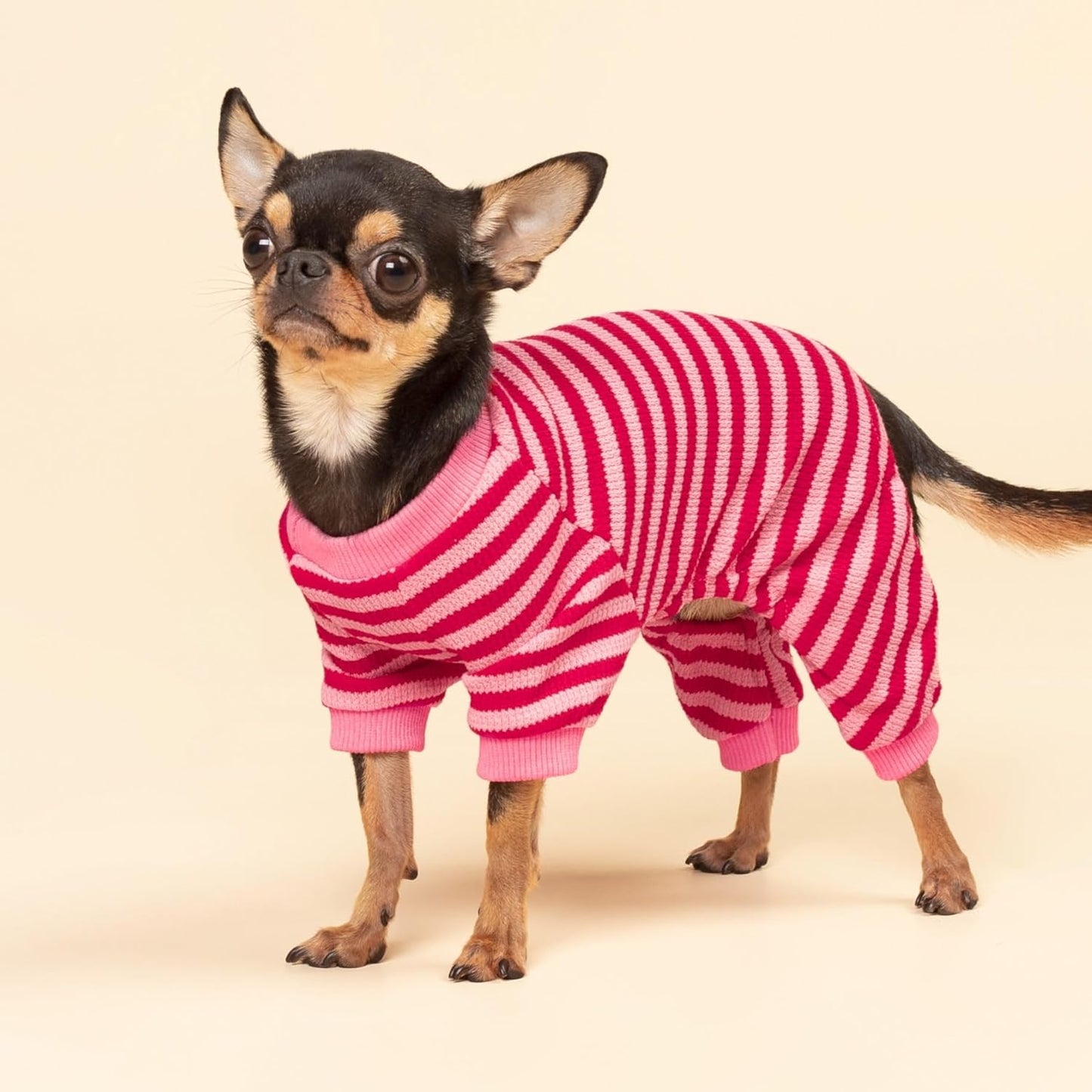 Fitwarm Pink and Red Striped Dog Pajamas, Waffle Dog Clothes for Small Dogs Girl Boy, Puppy Onesie with Feet, Pet Cat Outfit, Medium