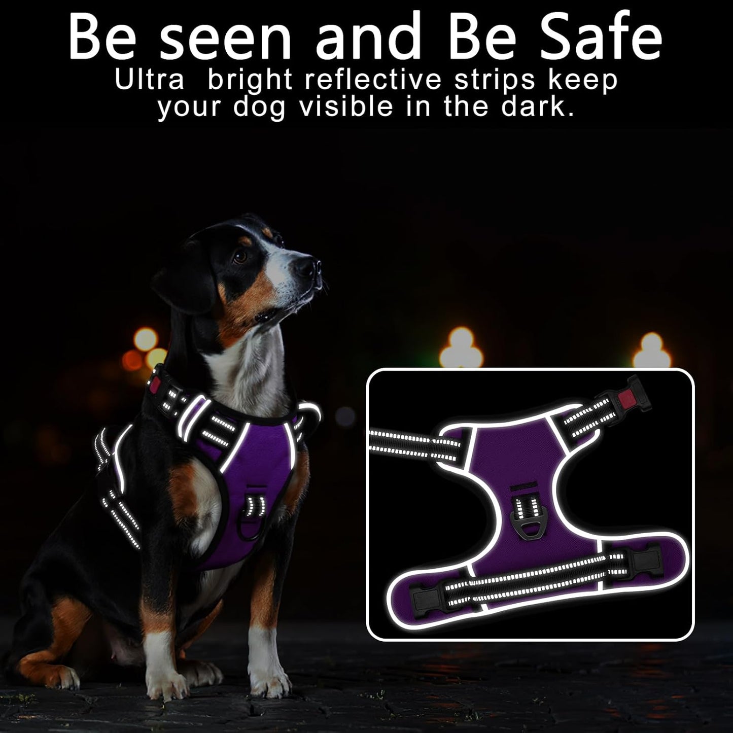 Timos Dog Harness Large Sized, No Pull with Neck Lockable Snap,No Choke Front Clip Dog Reflective Harness,Adjustable Metal Rings 3 Buckles,Easy Control Handle for Large Dogs Purple XL