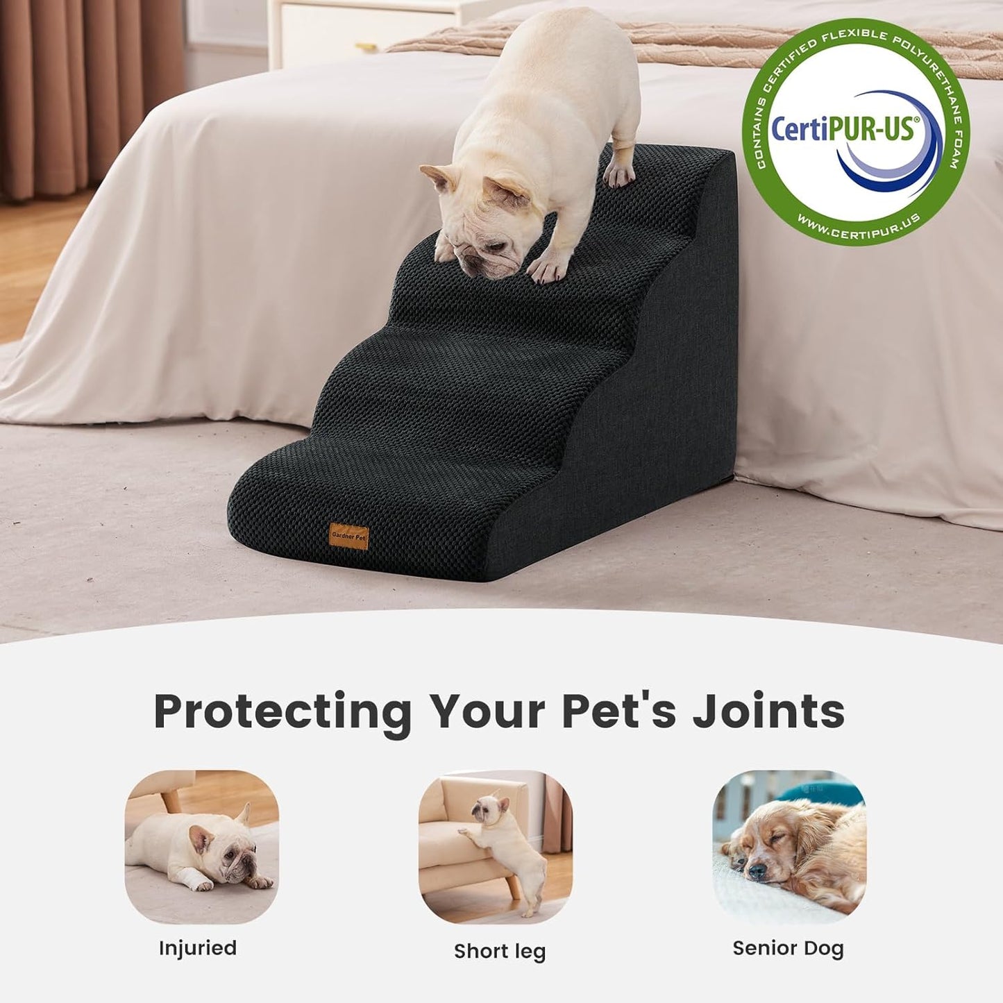 Gardner Pet Dog Stairs for Small Dogs 19.7" H, 4-Step Black Curved Pet Stairs, Dog Steps for High Bed (18-24 in), Couch with Durable Non-Slip Waterproof Fabric Cover and CertiPUR-US Certified Foam