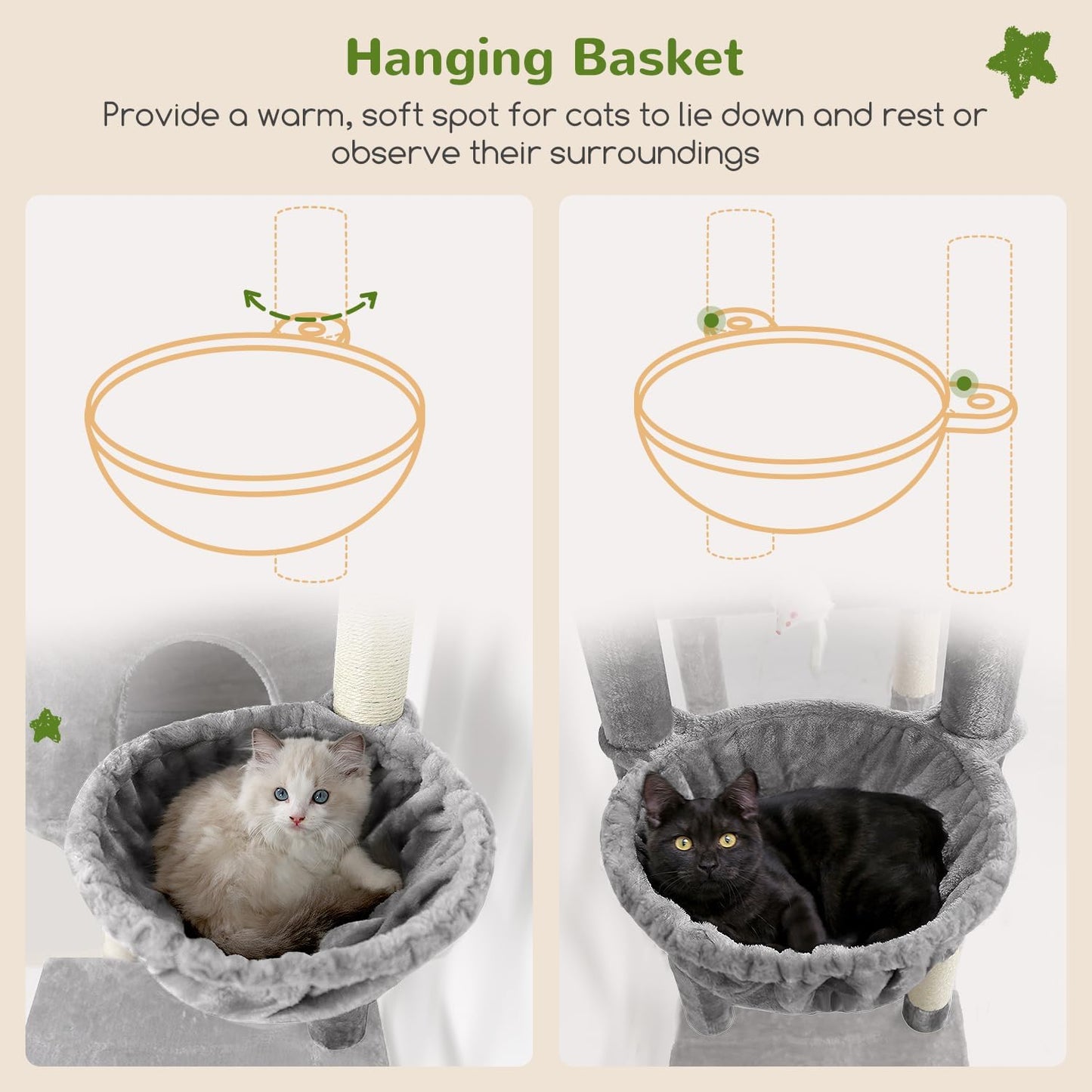 Globlazer Tall Cat Tower, 76 inch Multiple Level Cat Climbers for Indoor Cats, XL Cat Tree with 5 Scratching Posts, 2 Cat Condos, Hammock, 2 Hanging Baskets, F76B, Light Grey